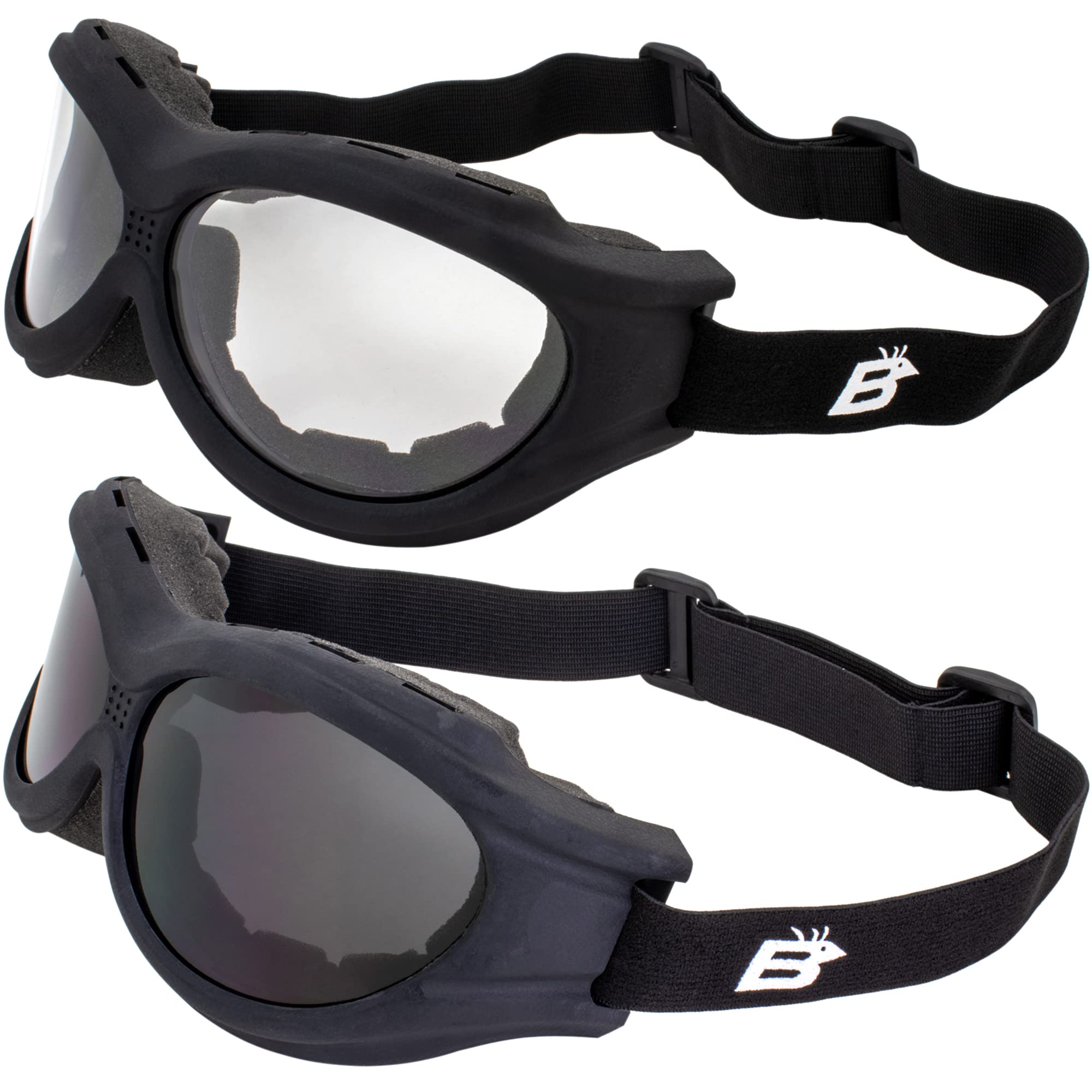 Birdz Eyewear Buzzard Motorcycle Goggles 2 Pairs Black Frames with Clear & Smoke Lenses