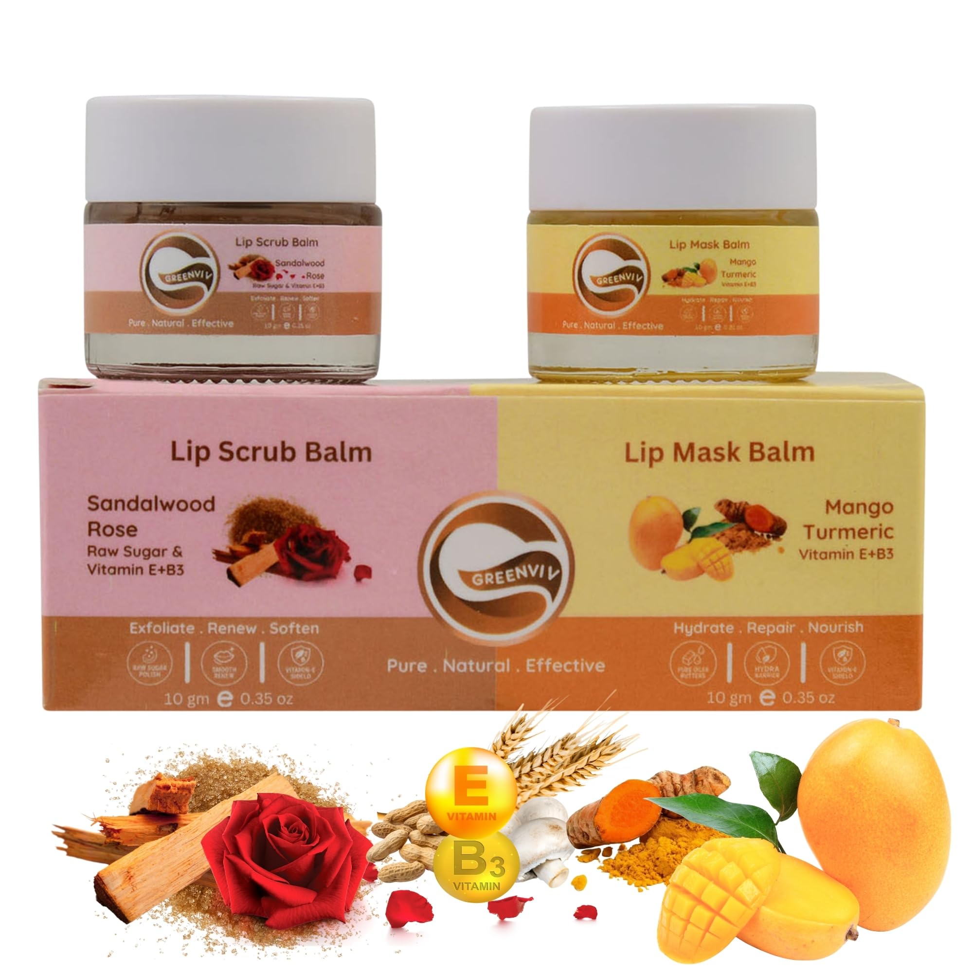 Greenviv Rose & Sandalwood Lip Scrub + Mango & Turmeric Lip Mask for Brightening & Even Tone, Softens Dry Lips & Improves Texture | 20 g, Pack of 2