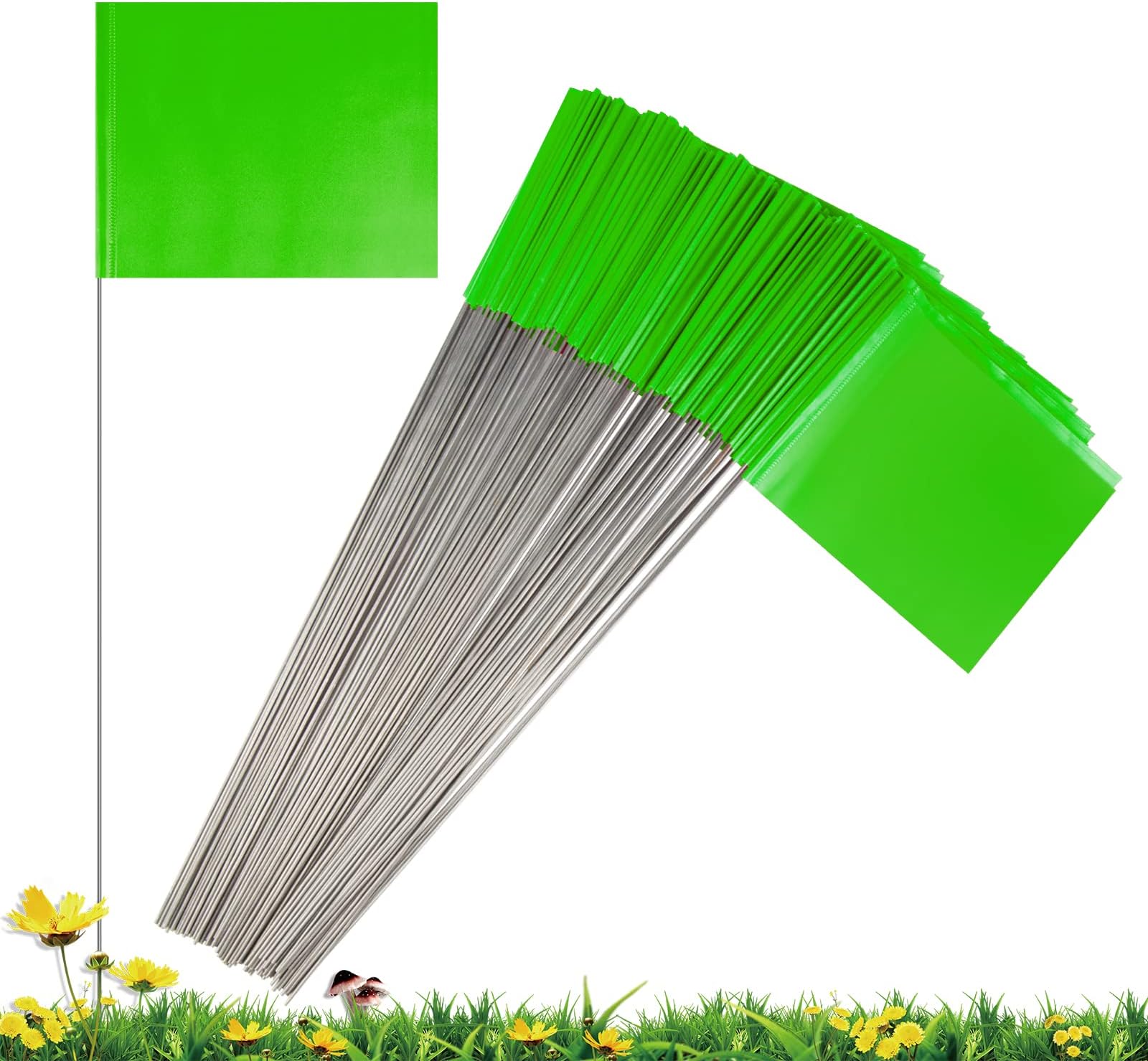 IKAYAS 4 * 5 * 15 Inch Marking Flags for Lawn - 50 Pack PVC Green Small Yard Survey Irrigation Landscape Markers