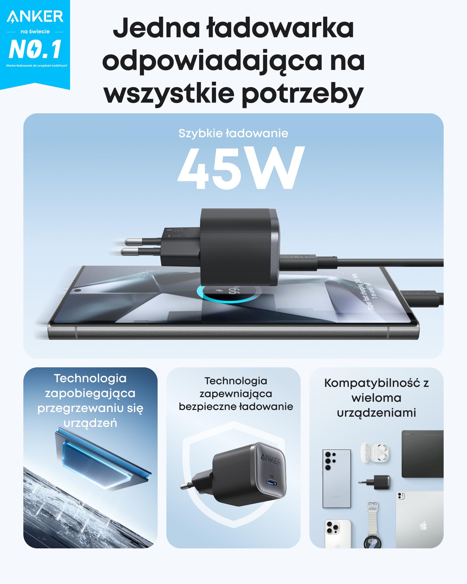 Szybka ładowarka USB-C Anker Nano 45 W, kompaktowa ładowarka USB typu C do urządzeń, takich jak Samsung Galaxy S25 Ultra/S24 Series, iPhone 17, MacBook, iPad (w zestawie kabel o długości 1,8 m)