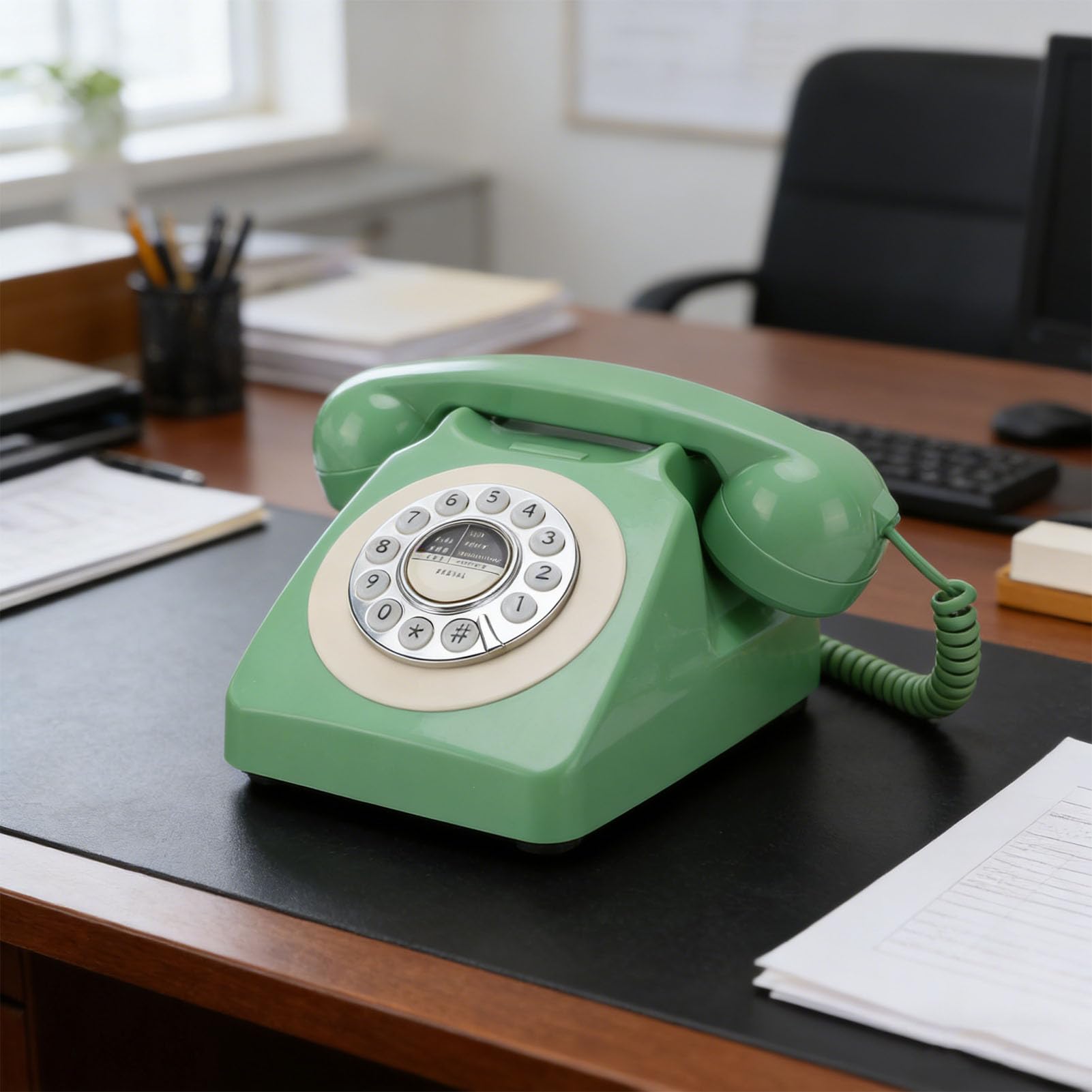 Fockety Telefon Stacjonarny w Stylu Retro, Klasyczny, Staromodny Przewodowy Telefon Stacjonarny z Lat 60. XX w., Zabytkowy Obrotowy z funkcją Ponownego Wybierania Numeru (ciemnozielony)