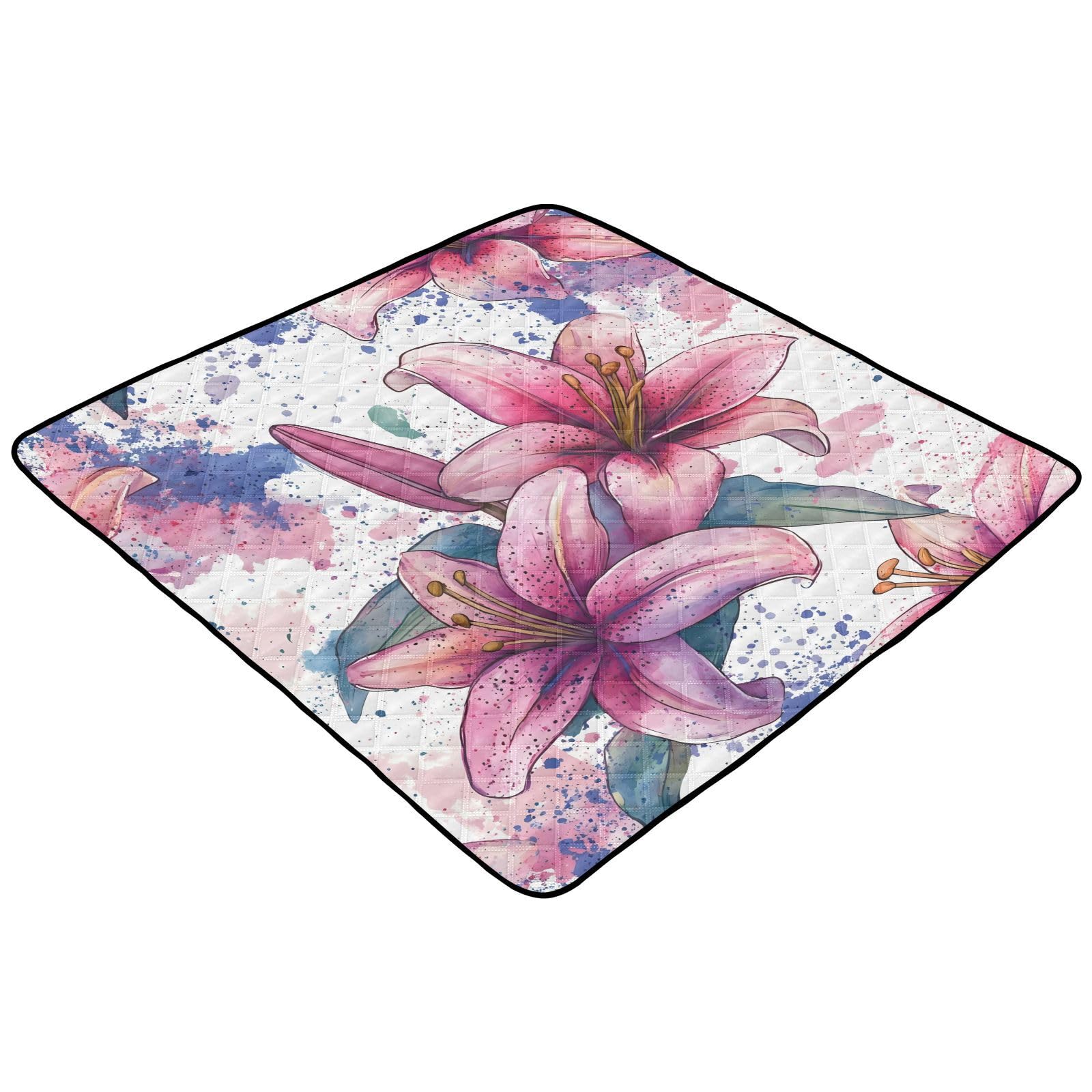 BOESI Watercolor Lily Pattern Baby Play Mat, 50“ X 50” Washable Folding Crawling Mat, Baby Floor Mat, Soft, Thick, Non-Slip