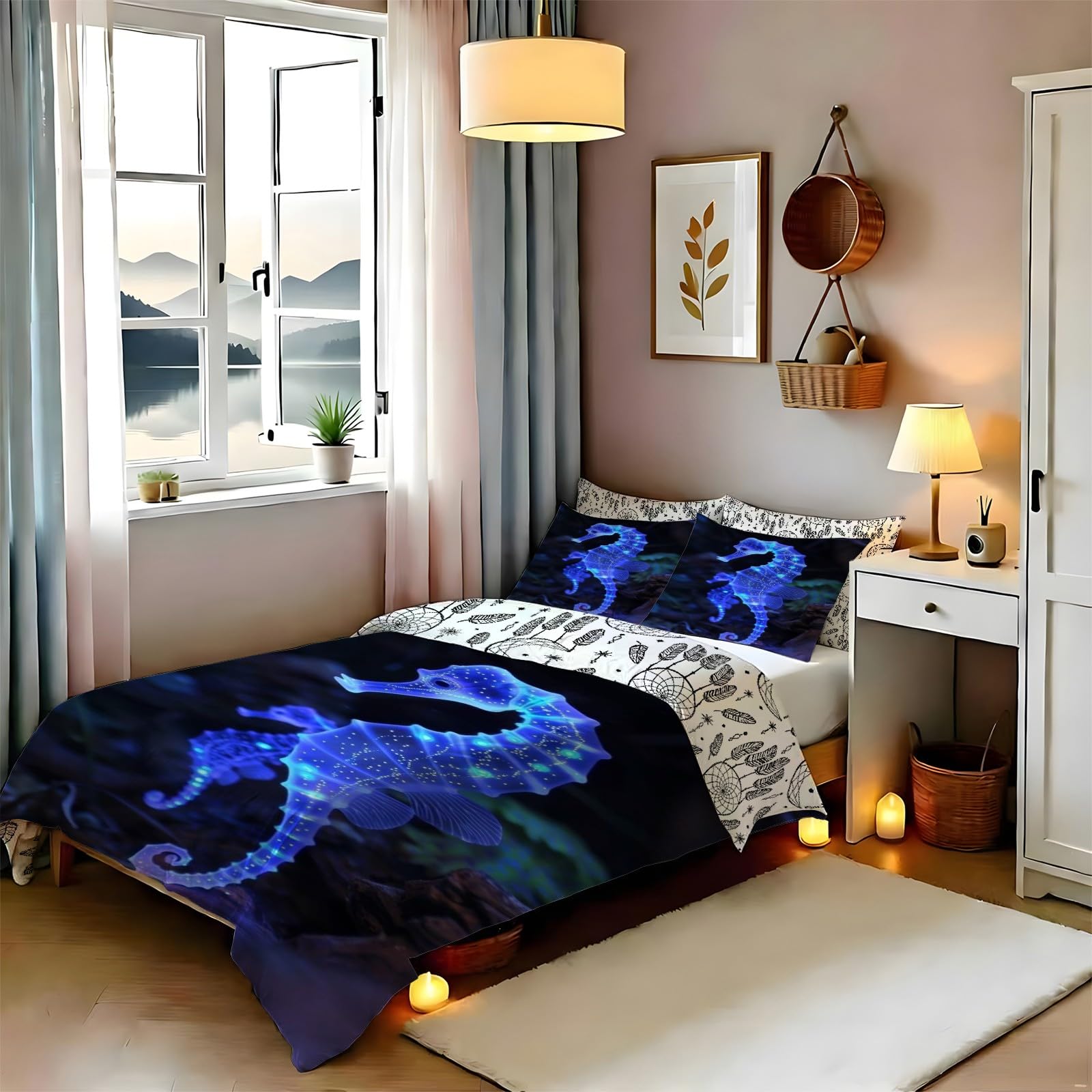 Housse de couette 200x200 cm super douce et respirante motif hippocampe bleu