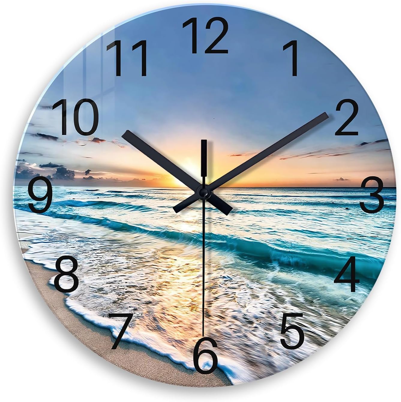 Blue Beach Wall Clock for Bathroom - Glass Wall Clocks Battery Operated 12 Inch - Analog Silent Wall Clock for Living Room Kitchen Office