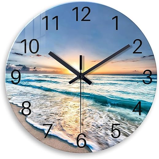 Blue Beach Wall Clock for Bedroom Glass Wall Clocks Battery Operated 12 Inch Analog Wall Clock Silent