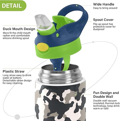 Miniatura 4 de Botella de agua para niños con estampado de vaca blanca y negra, botellas de agua aisladas de acero inoxidable con tapa con pajilla, 12 onzas, sin