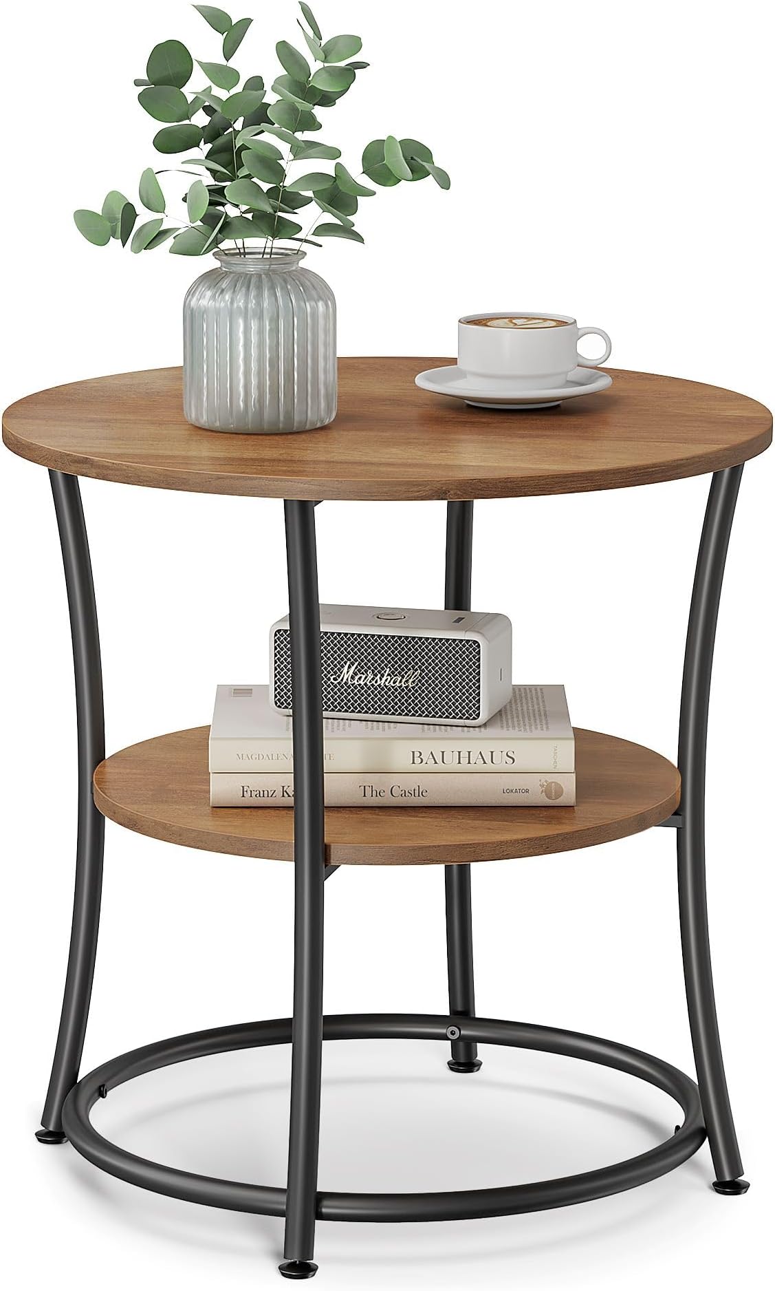 21.7-Inch Round Side Table, 2-Tier End Table, Nightstand with Steel Frame, Spacious Top, for Small Spaces, Living Room, Bedroom, Honey Brown and Ink Black ULET056B41