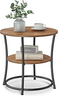 VASAGLE 21.7-Inch Round Side Table, 2-Tier End Table, Nightstand with Steel Frame, Spacious Top, for Small Spaces, Living Room, Bedroom, Honey Brown and Ink Black ULET056B41