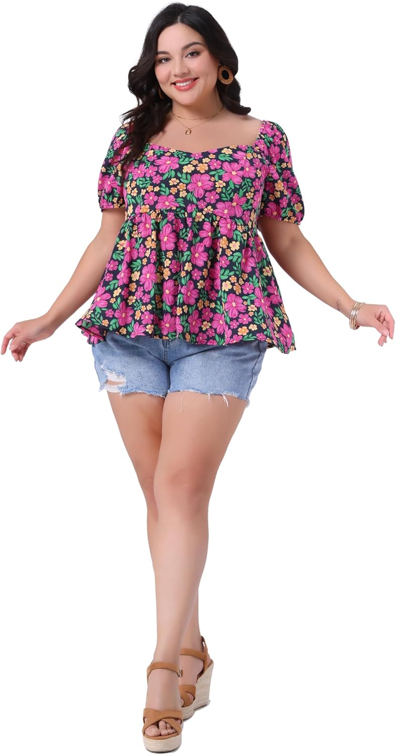 Agnes Orinda Plus Size Tops for Women Sweetheart Neck Short Sleeve Back Smocked Ruffle Hem Floral Blouses - Image 3