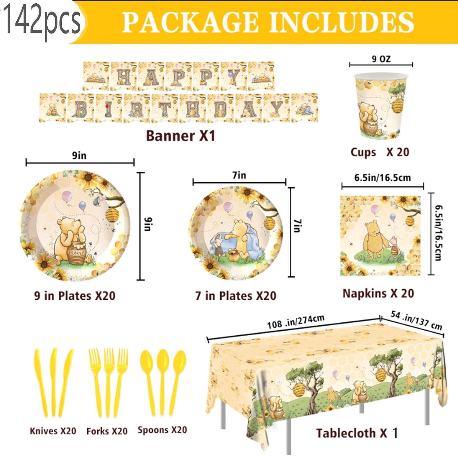 142pcs Classic Bear Baby Shower Decorations Baby Shower Party Tableware with Plates, Napkin, Forks, Cups Banner And Tablecloth for Birthday Party Supplies Set Serves 20 Guests (Yellow) - Image 2