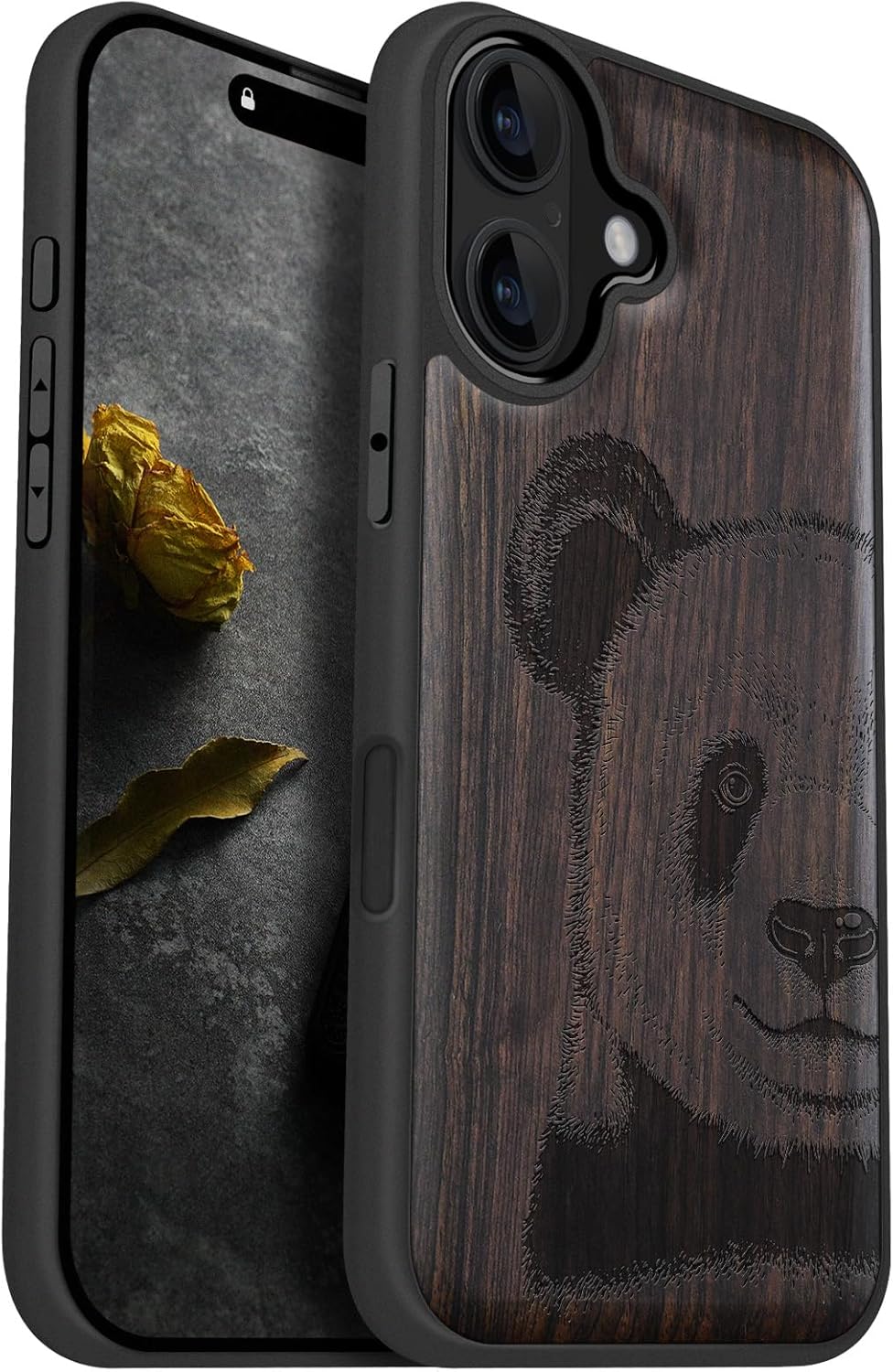 Carveit Magnetic Wooden Case for iPhone 16 Case, Wood Artisan Engraved & Black Soft TPU Shockproof Cover, Compatible with MagSafe Wireless Chargers (The Giant Panda's Gaze) Blackwood