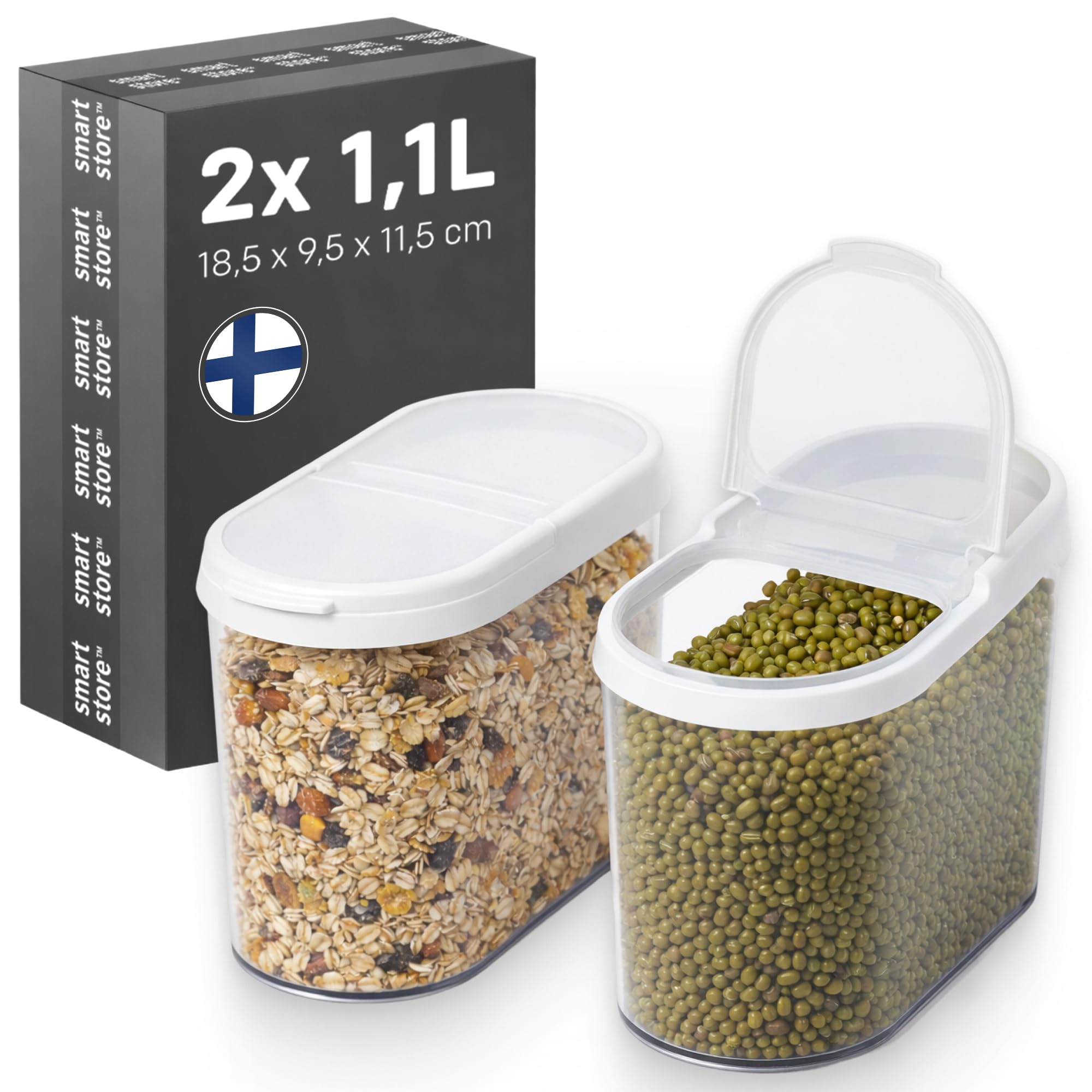 SmartStore Cereal Storage Containers, Set of 2 x 1.1 L | Stackable, Clear, Flip Lid | BPA-Free Pantry Organiers Kitchen Storage Containers | ideal for dry foods nuts, grains, sugar