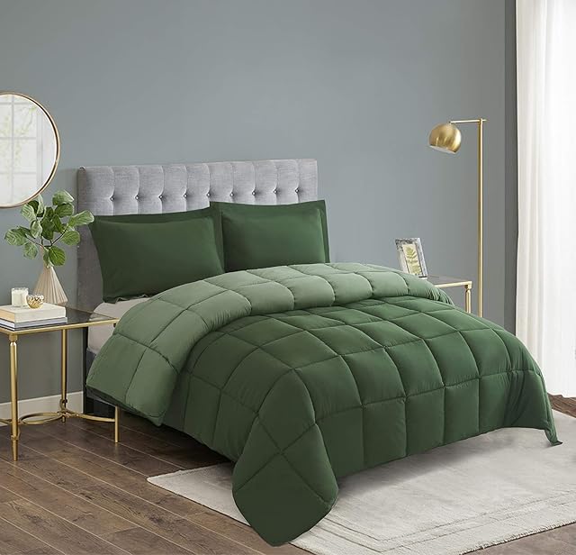 HIG 2 Piece Green Coverless Duvet Single 135cm x 200cm - Baffle Box Design - 10.5 Tog Down Alternative Reversible Comforter Set with 1 Sham - Corner Duvet Tabs - Machine Washable, Warm, Soft, Fluffy