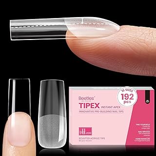 Beetles Tipex Instant Apex Nail Tips, Long Square, 16 Sizes |00–14, 192pcs, Built-In Apex, No Builder Gel Required, Thicker Strong Acrylic Tips for DIY Nail Extensions
