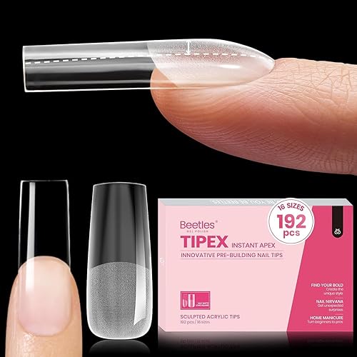 Beetles Tipex - Uñas postizas con ápice instantáneo, 192 uñas, preconstruidas y pregrabadas, largas, cuadradas, fuertes y gruesas, uñas postizas a