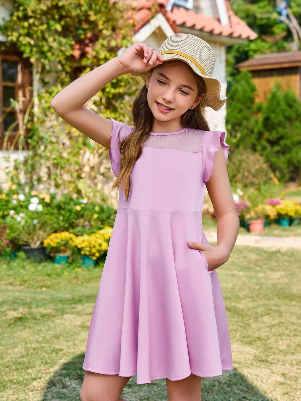 Vestido de niña con volantes princesa, vestido de fiesta de malla línea A, vestido de verano para boda