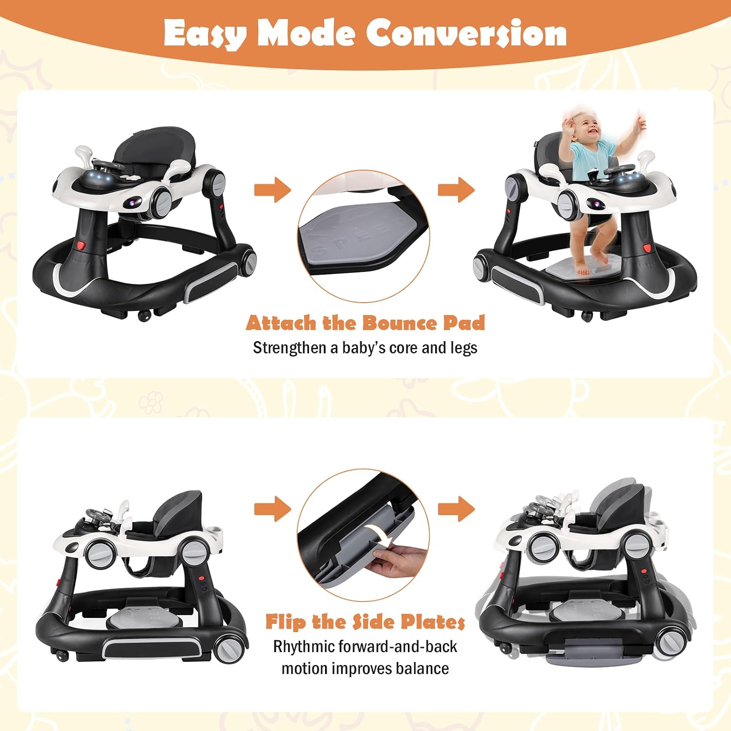 HONEY JOY Baby Walker, 7-in-1 Foldable Baby Bouncer and Rocker Combo, Infant Activity Center w/Canopy, Wheels, Adjustable Height/Speed, Music, Lights, Walker for Baby Boy Girl 7-18 Months (Black)