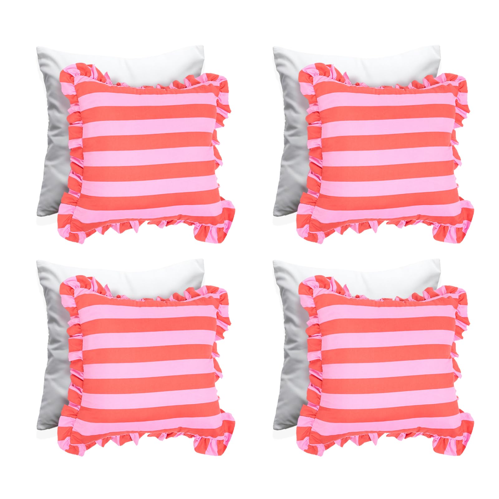 Ohs Pink/Red Filled Cushions With Covers 45 X 45Cm Striped Decorative Square Throw Pillow Cover With Frill Edges & Invisible Zipper Sofa Cushions With Covers 4 Pack For Living Room Bedroom, Red