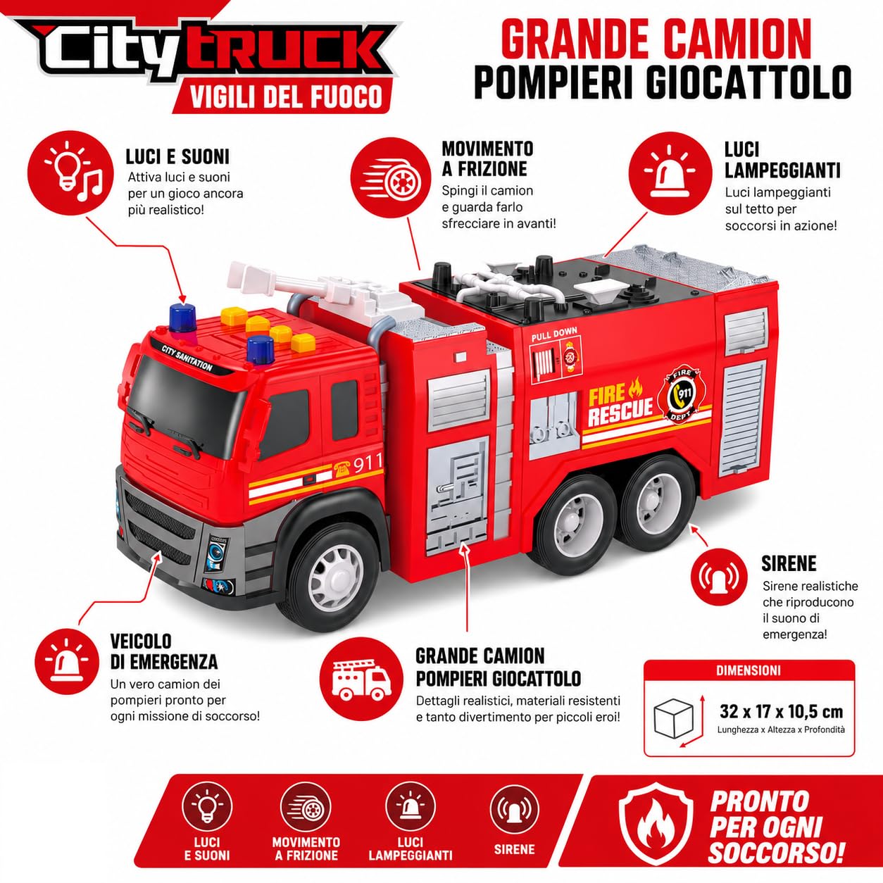 Camion Pompieri Luci e Suoni Camion Pompieri Giocattolo Grande per Bambini con Movimento a Frizione Luci Lampeggianti & Sirene Veicolo Giocattolo di Emergenza (A)