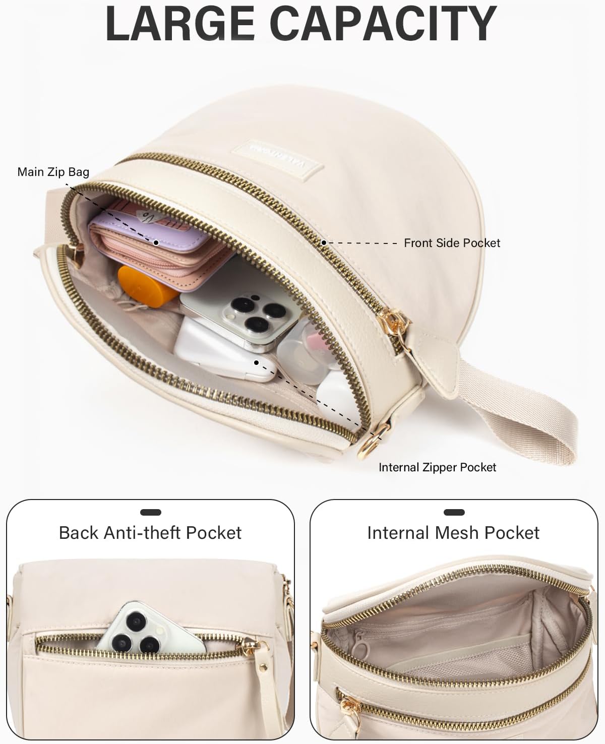 Large Nylon Crossbody Bags for Women Spacious Bum Bags for Women Crossbody Large Fanny Pack Sling Bag with Removable Wallets Purse Belt Pouch (Beige) - Image 3