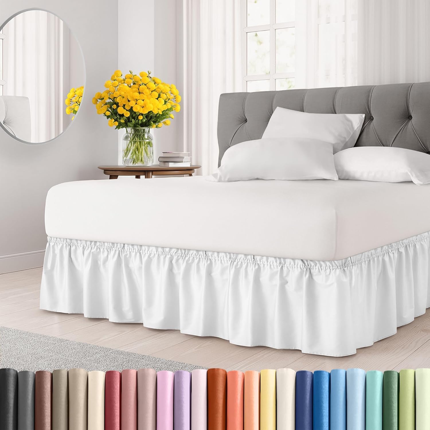 Bed Skirt – Wrap Around Dust Ruffle Bed Frame Cover with Easy Fit Elastic Strap, King Size 18 Inch Drop, Microfiber Pleated, Machine Washable | White-picture-22