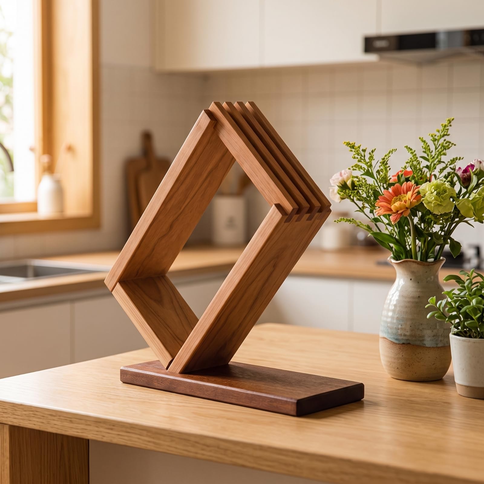 Organizador Cuchillos Estable Portacuchillos Multifuncional Soporte para Cocina, Encimera, 29cm X 29cm X 10cm, Soporte Inclinado De 3 Ranuras De Madera Maciza