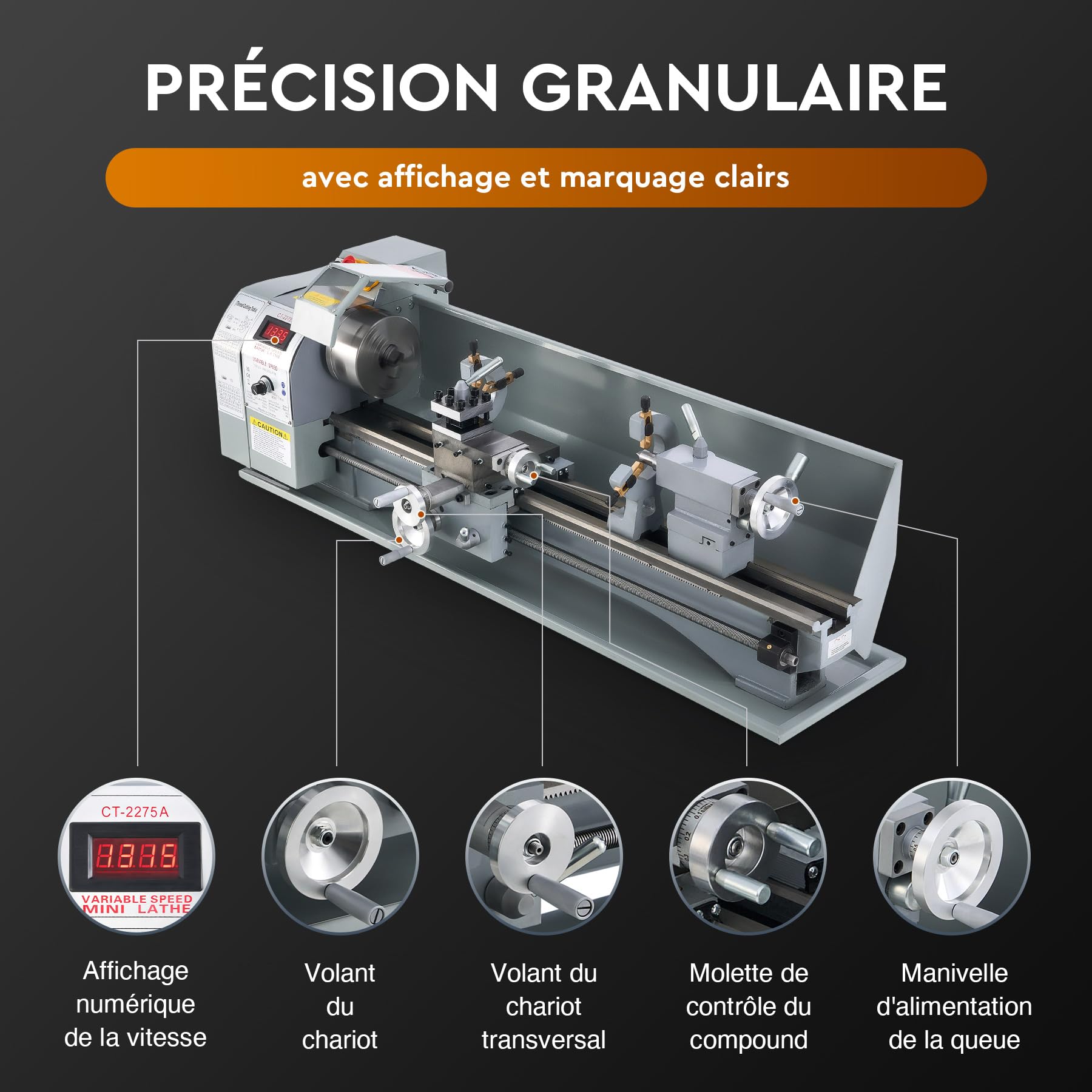 CREWORKS 1100W 220x750mm Tour à Métaux, Tour à Métaux de Précision, Tour Électronique Professionnel pour Traitement de Pièces de Précisions, Mini Tour Métaux de Table de Précision