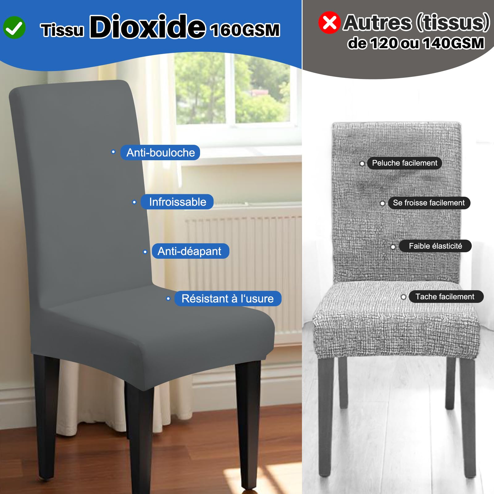 Housse de Chaise Extensible 4 Pièces Amovible Lavable Gris pour Salle à Manger Hôtel