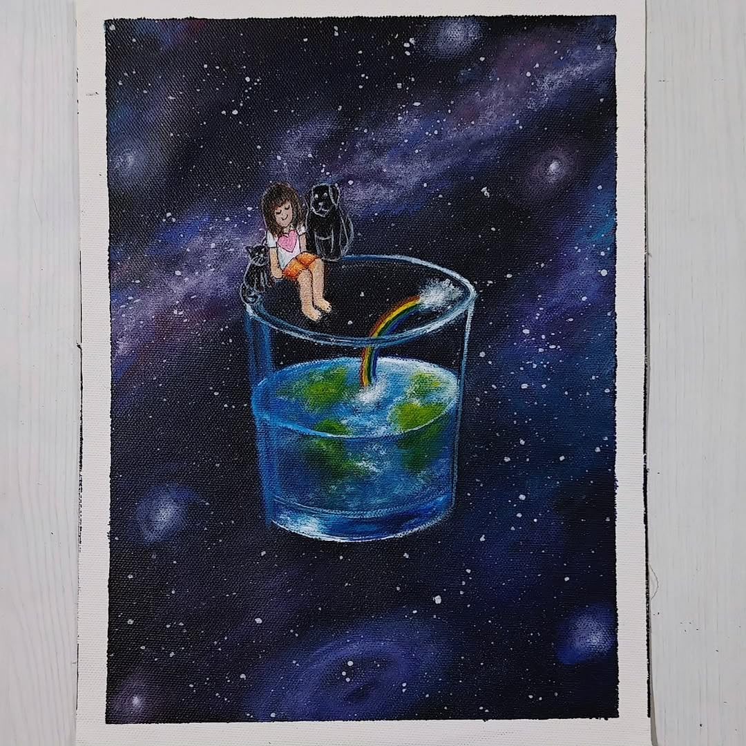 The Day the World Felt Light Original Acrylic Painting on Canvas | Hand Painted, 35.56 x 25.4 cm, Galaxy Theme, Girl with Pets, Surreal Art-image-9