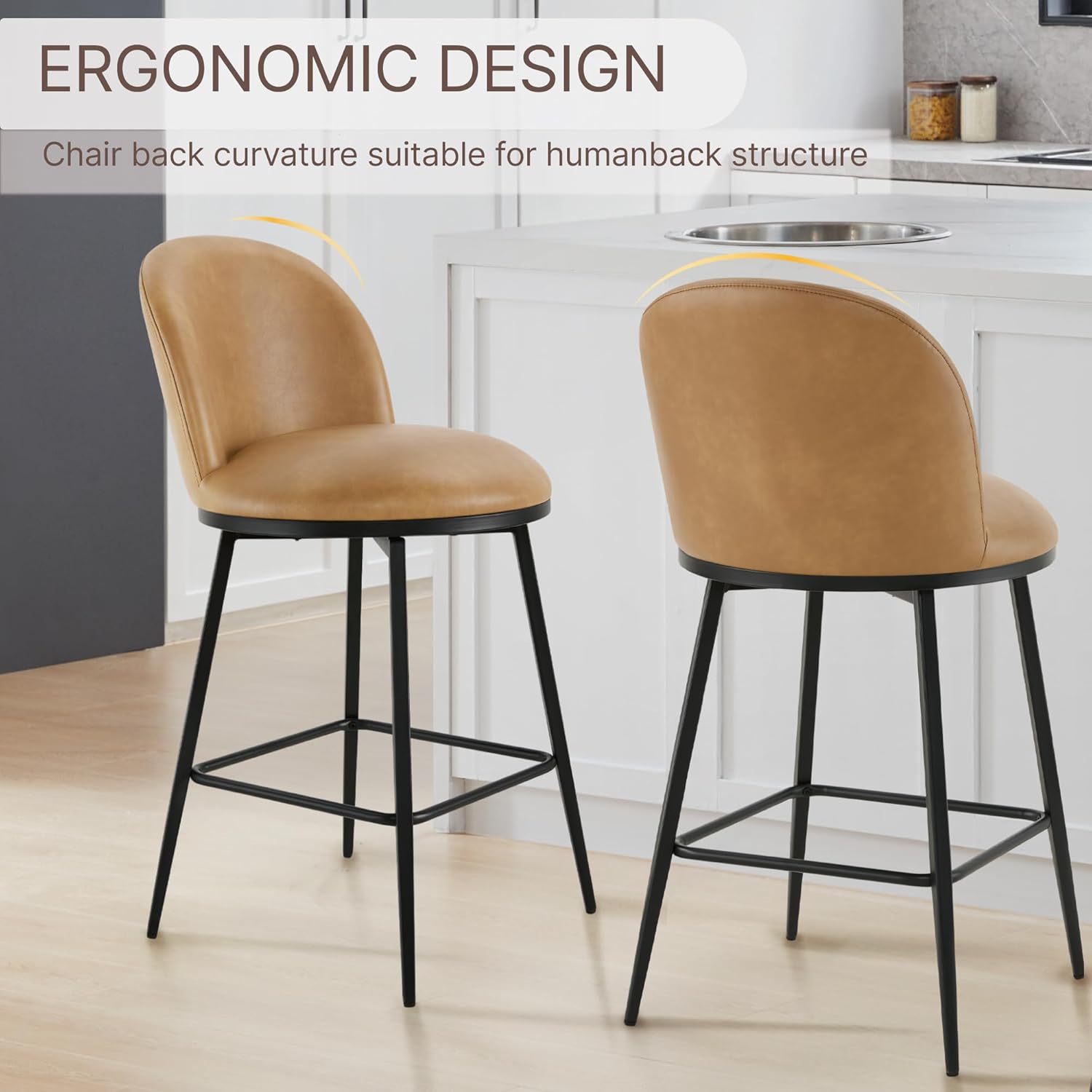 26" Counter Height Swivel Bar Stools Set of 3, Upholstered Faux Leather Barstools with Backs and Metal Legs for Kitchen Island,Brown