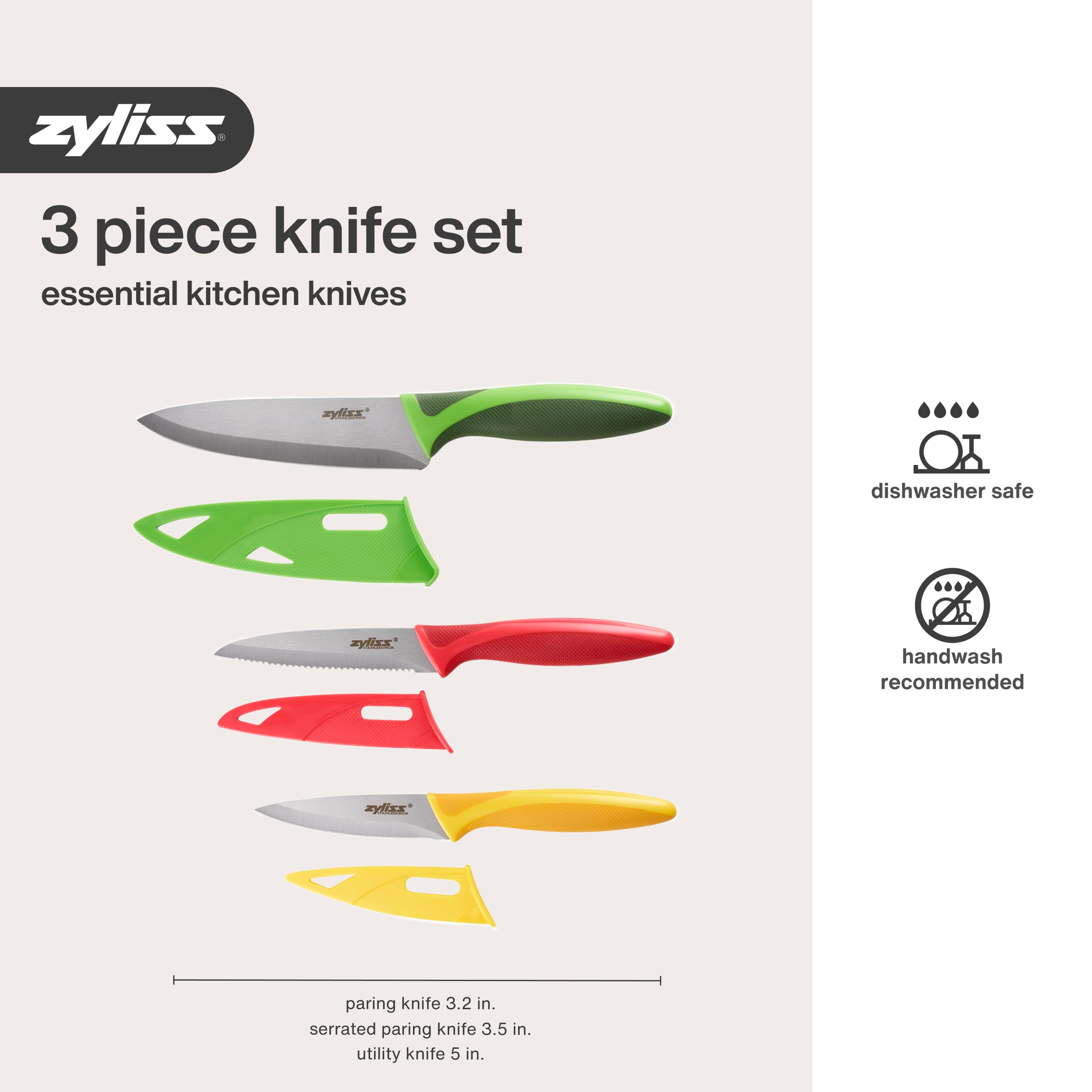 Zyliss 3-Piece Stainless Steel Knife Set with Protective Covers