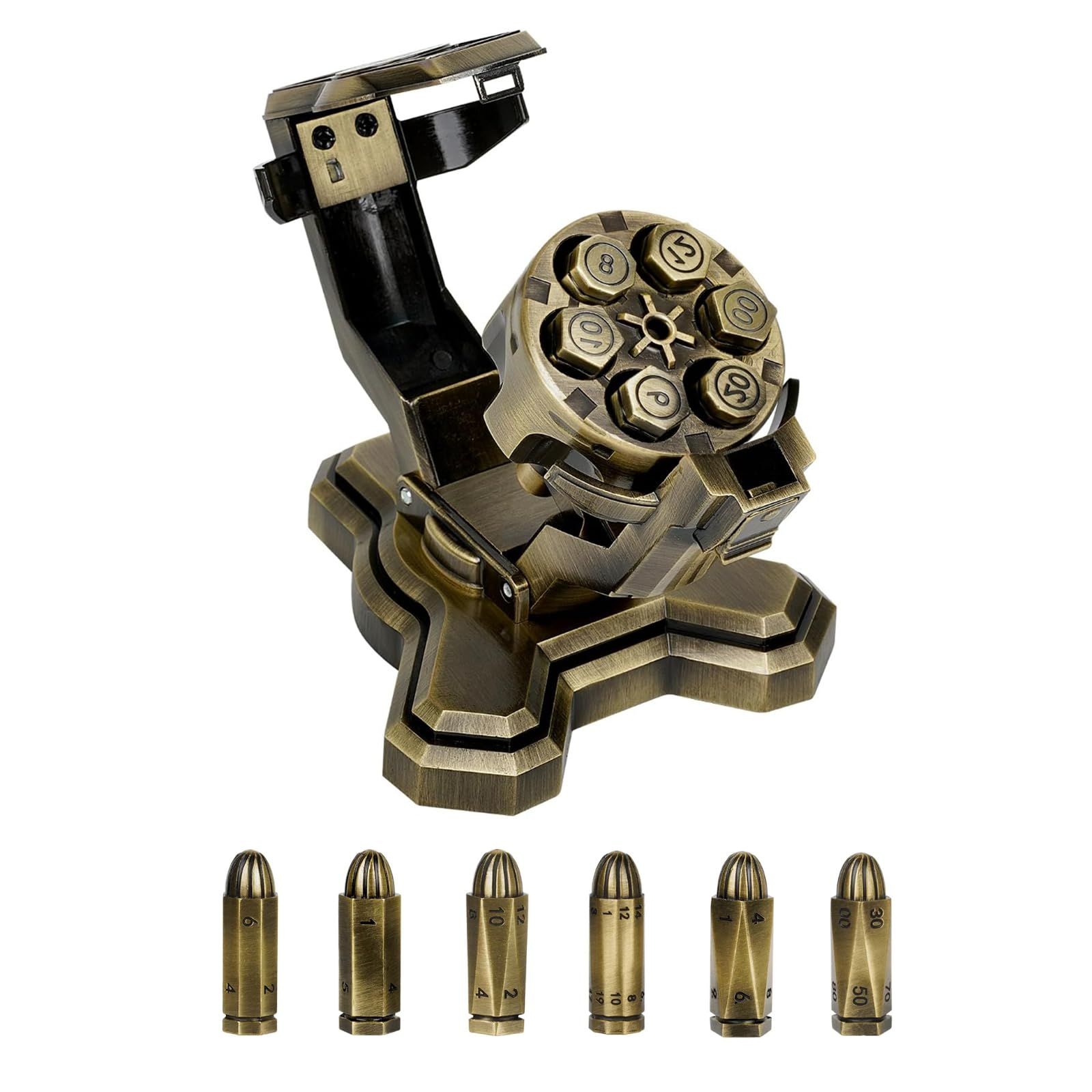 DND Bullet Nest Dice Set with Revolver Cylinder Dice Spinning Wand Rocker Container with Metal Polyhedron Holder for DND, D&D, Sci-fi Table Games, War Crime Theme