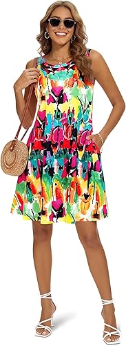 Vista 5 de Vestidos de verano 2025 para mujer, vestidos informales para la playa, salidas de baño, vestidos acampanados y con vuelo, sin mangas, tipo camiseta