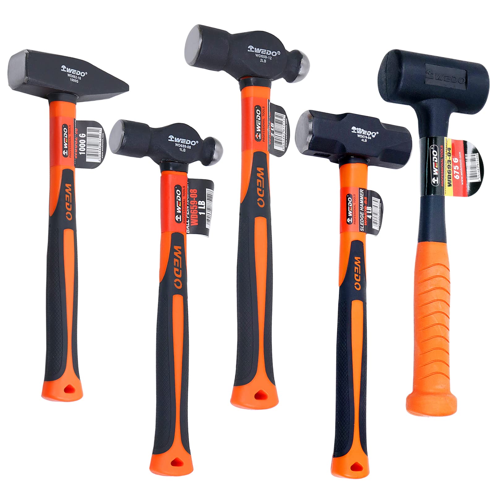 WEDO 5 Piece Hammer Set, Ball Peen Hammer (1lb) Ball Peen Hammer (2lb) Engineers' Hammers (1000g) Sledge Hammers (3lb) Rubber Shockproof Hammers (