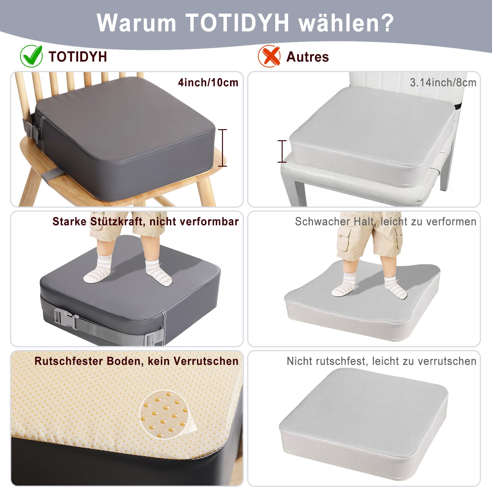 Rialzo Sedia Bambini Cuscino Da Tavolo Lavabile Alzasedia per Bambini Regolabile Alza Sedia con 2 Cinghie Per Sedia Da Pranzo(Grigio Scuro)