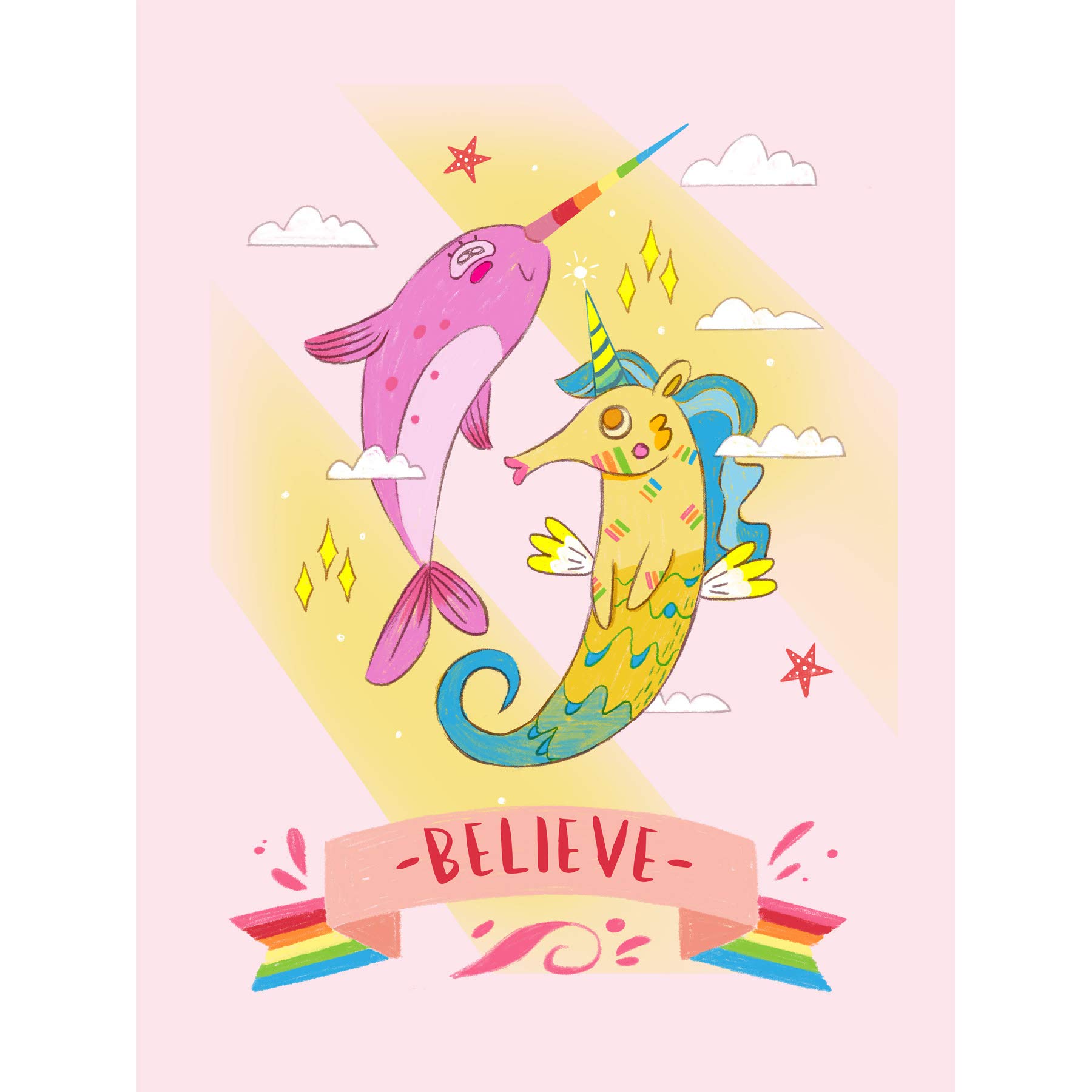 Wee Blue Coo Unicorn Seahorse Narwhal Believe Large Art Print Poster Wall Decor