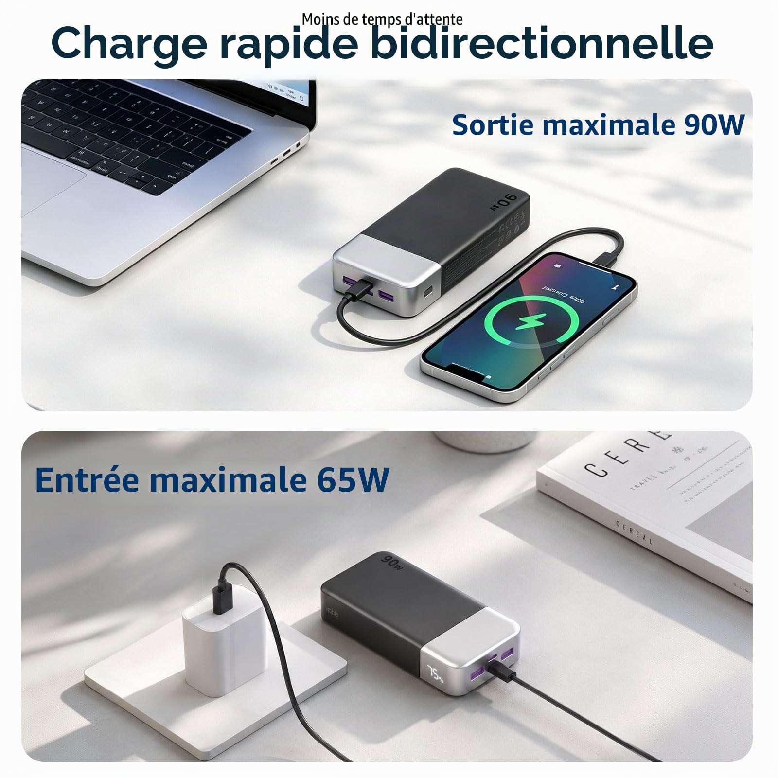 NOBIS Batterie Externe 90W 20 000 mAh Charge Rapide PD Ordinateur