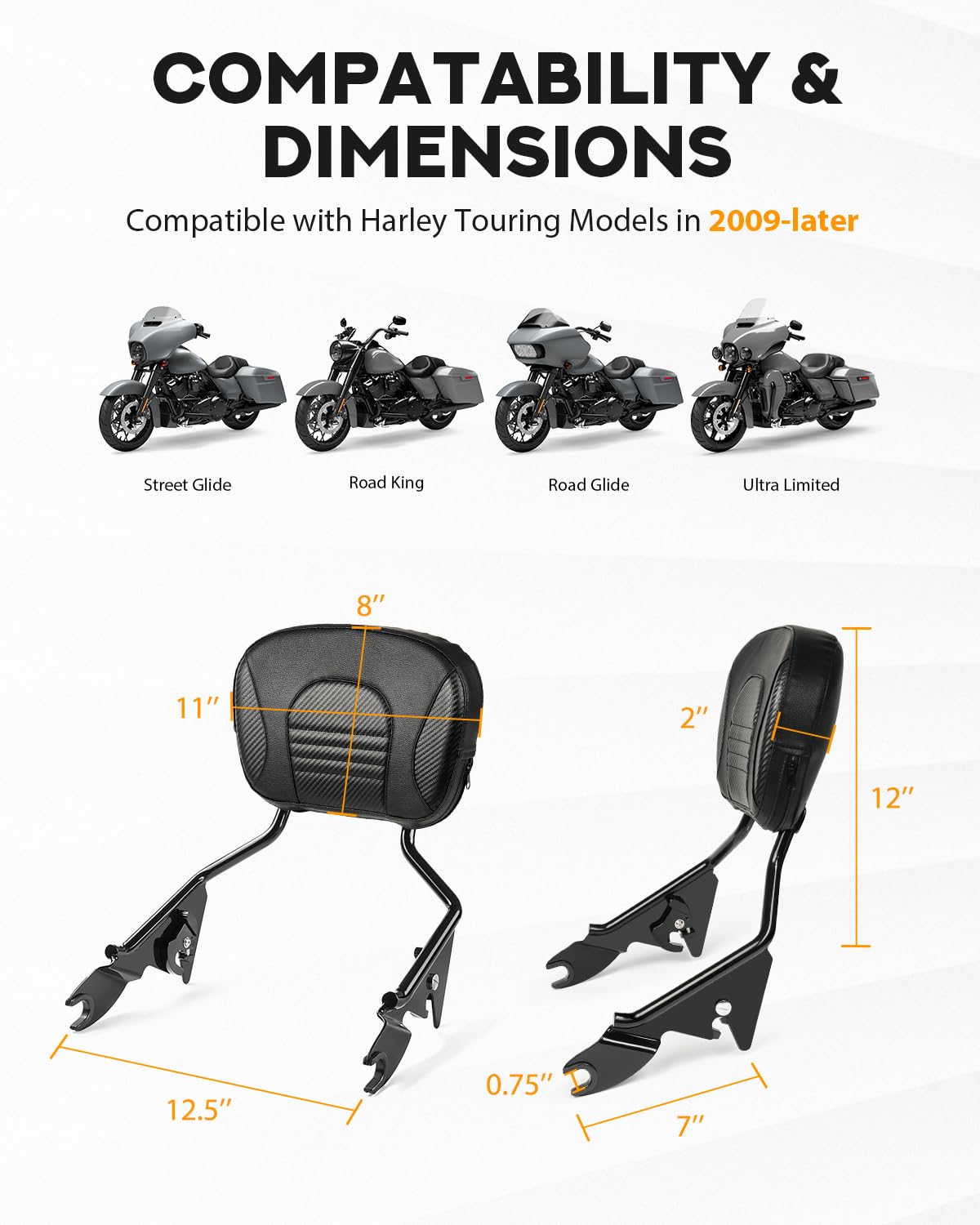 PBYMT Schienale passeggero Sissy Bar, schienale posteriore staccabile, Sissy Bar a sgancio rapido adatto per Harley Davidson Touring Street Glide Road Glide Road King Electra Glide 2009-2024, nero
