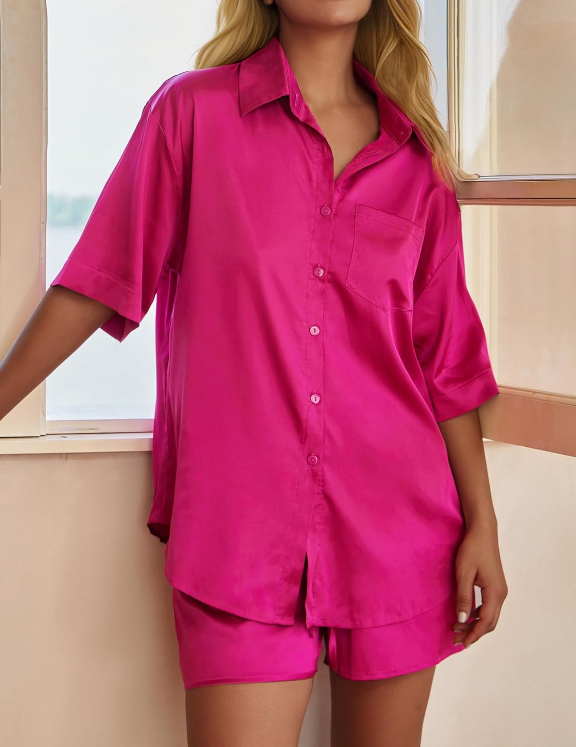 Women's Silk Pajama Set 2 Piece Loungewear Short Sleeve Button Down Pjs Satin Top and Shorts Sleepwear - Image 4