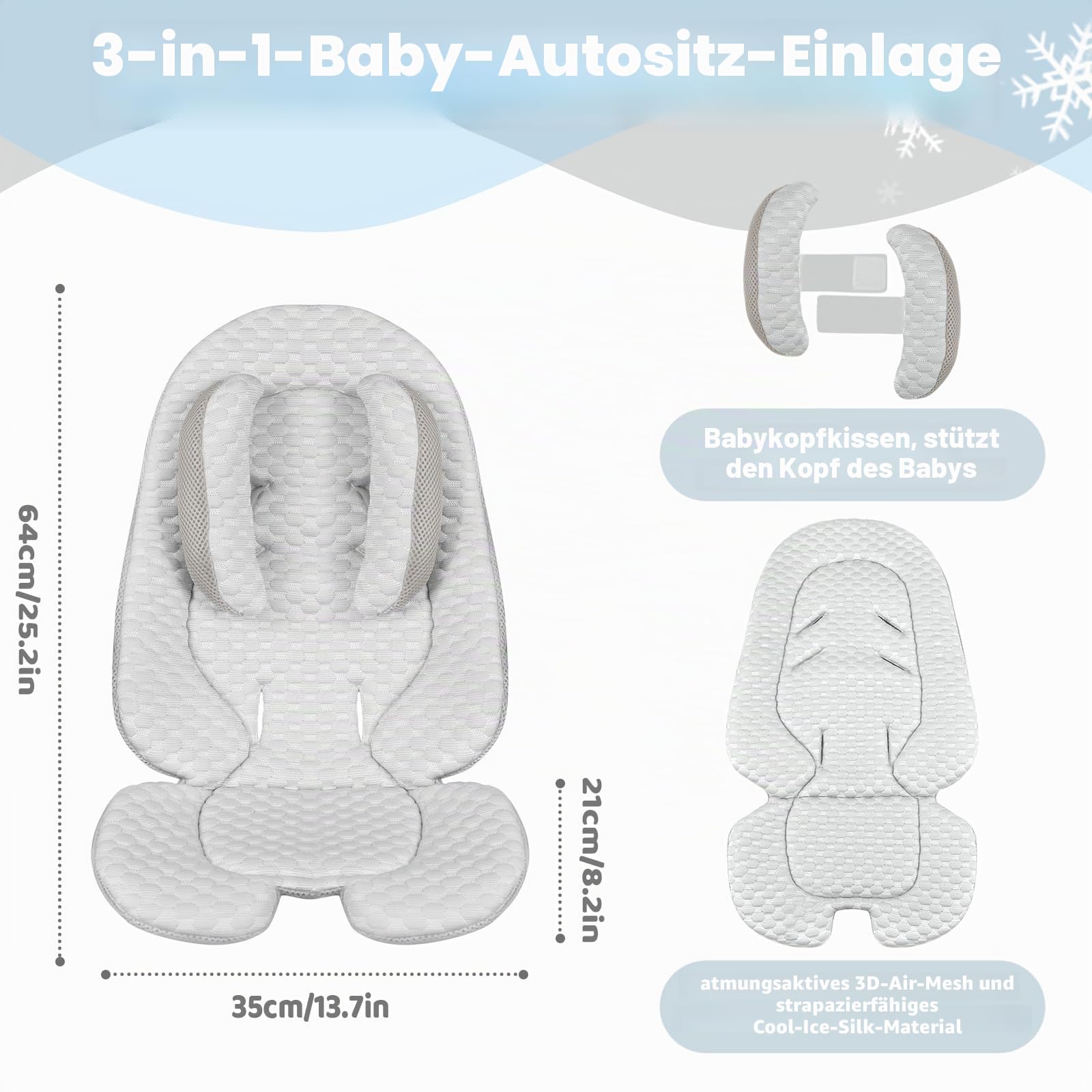 KAKIBLIN Baby-Kindersitz-Einsatz, Kühlkissen, Baby-Kopfstütze mit Kopfkissen, atmungsaktives Stoff-Kühlkissen, passend für Kinderwagen, Autositz, Hochstuhl, Stubenwagen, Schaukel (grau)