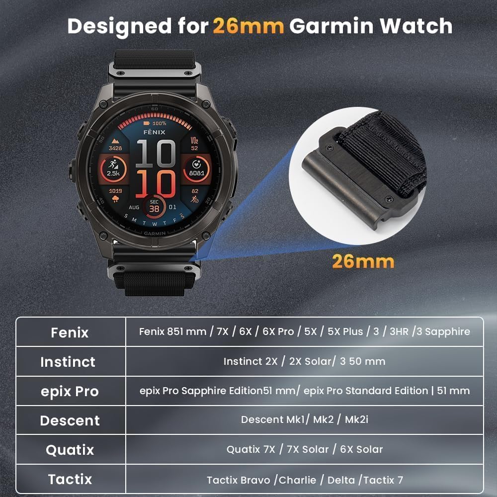 BANSO Replacement Watch Band for Garmin, 22mm 26mm Nylon Strap Compatible with Fenix 8/7/6/5 Series, Forerunner, Epix, Descent, Tactix, Enduro, MARQ