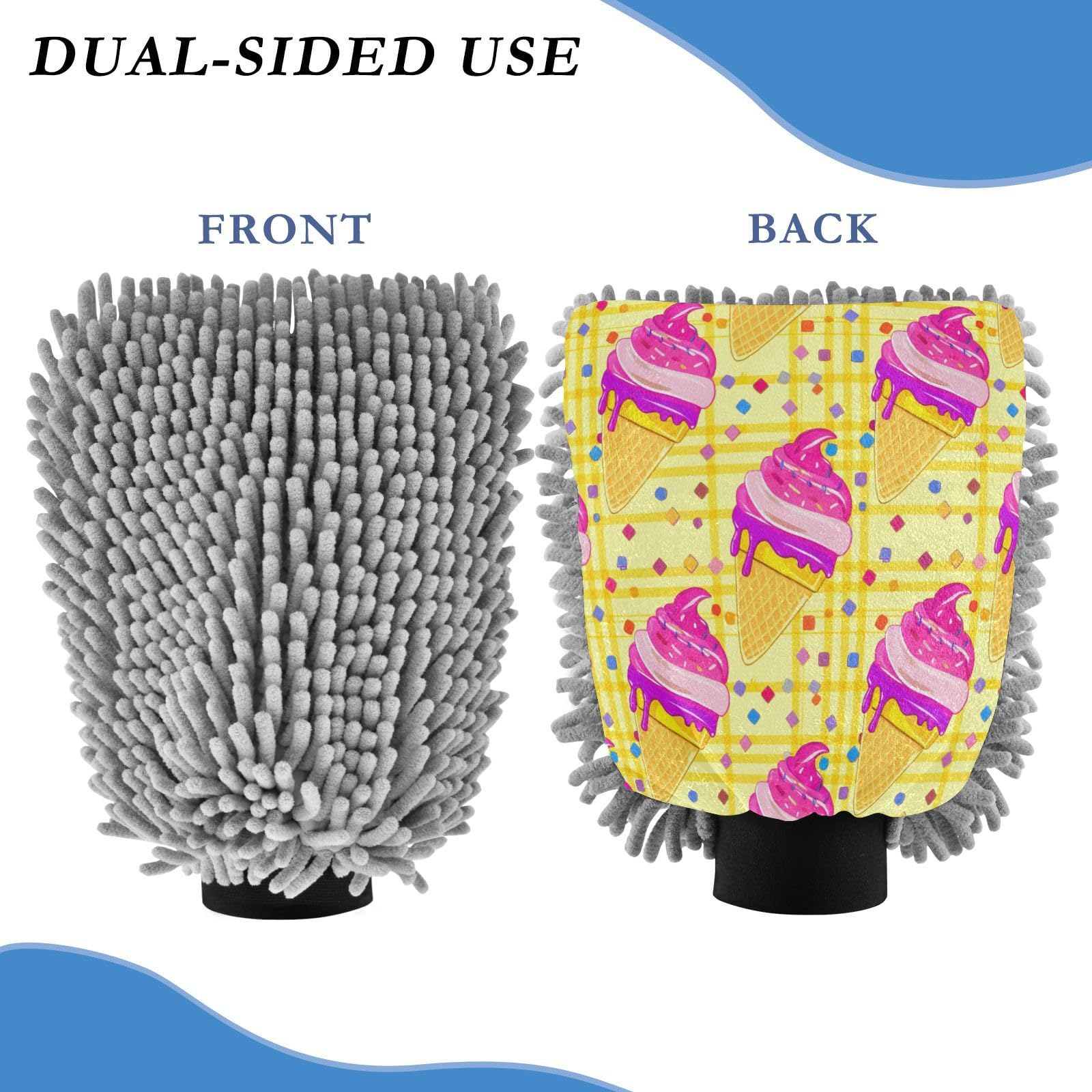 Kigai Cute Ice Cream Car Wash Mitt Microfiber, 2Pcs Scratch Free Lint-Free, Premium Chenille Microfiber Mitt Car Wash Brush-M