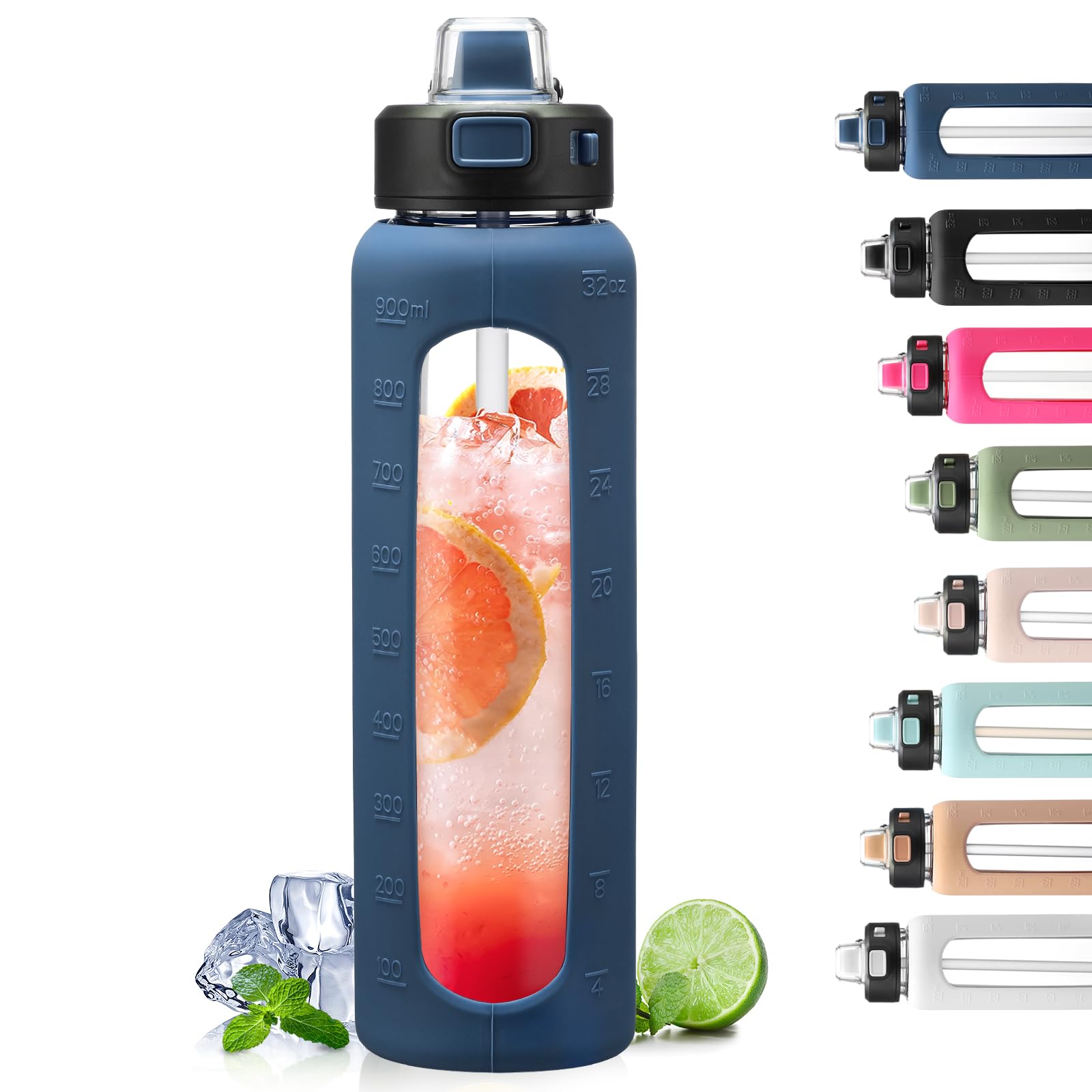 BLUEGO 900ml Bottiglia d'acqua in vetro con manico e cannuccia con manicotto in silicone per sport da palestra all'aperto Bottiglia d'acqua motivazionale a prova di perdite, Azzurro