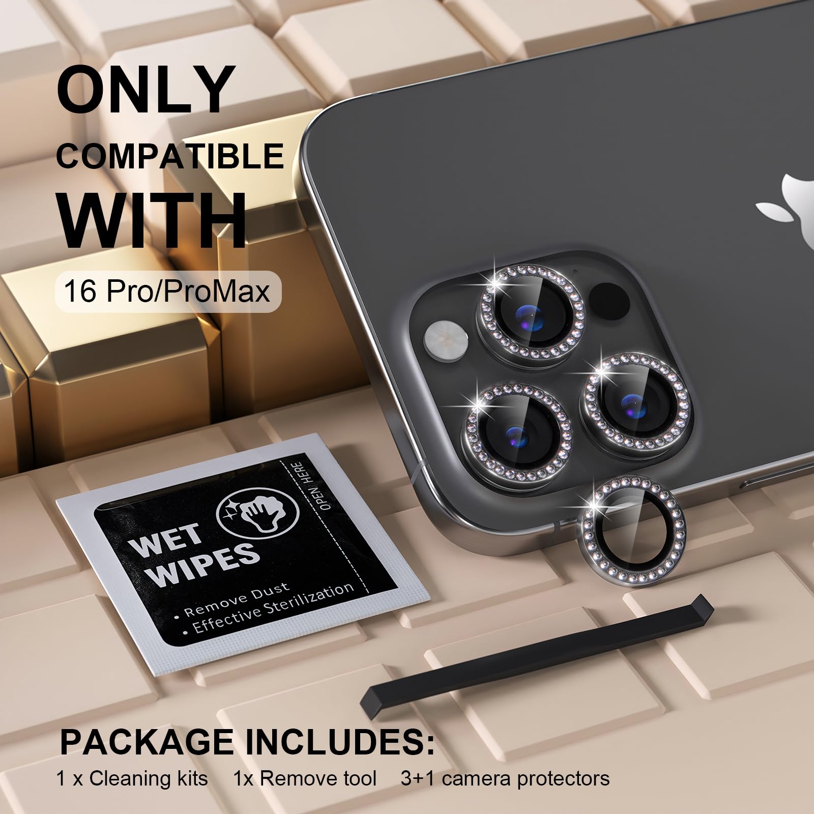 Misea Kompatybilny z iPhone 16 Pro/iPhone 16 Pro Max osłona obiektywu aparatu, osłona aparatu ze szkła hartowanego 9H, osłona ekranu metalowa, indywidualna osłona pierścienia, akcesoria dekoracyjne