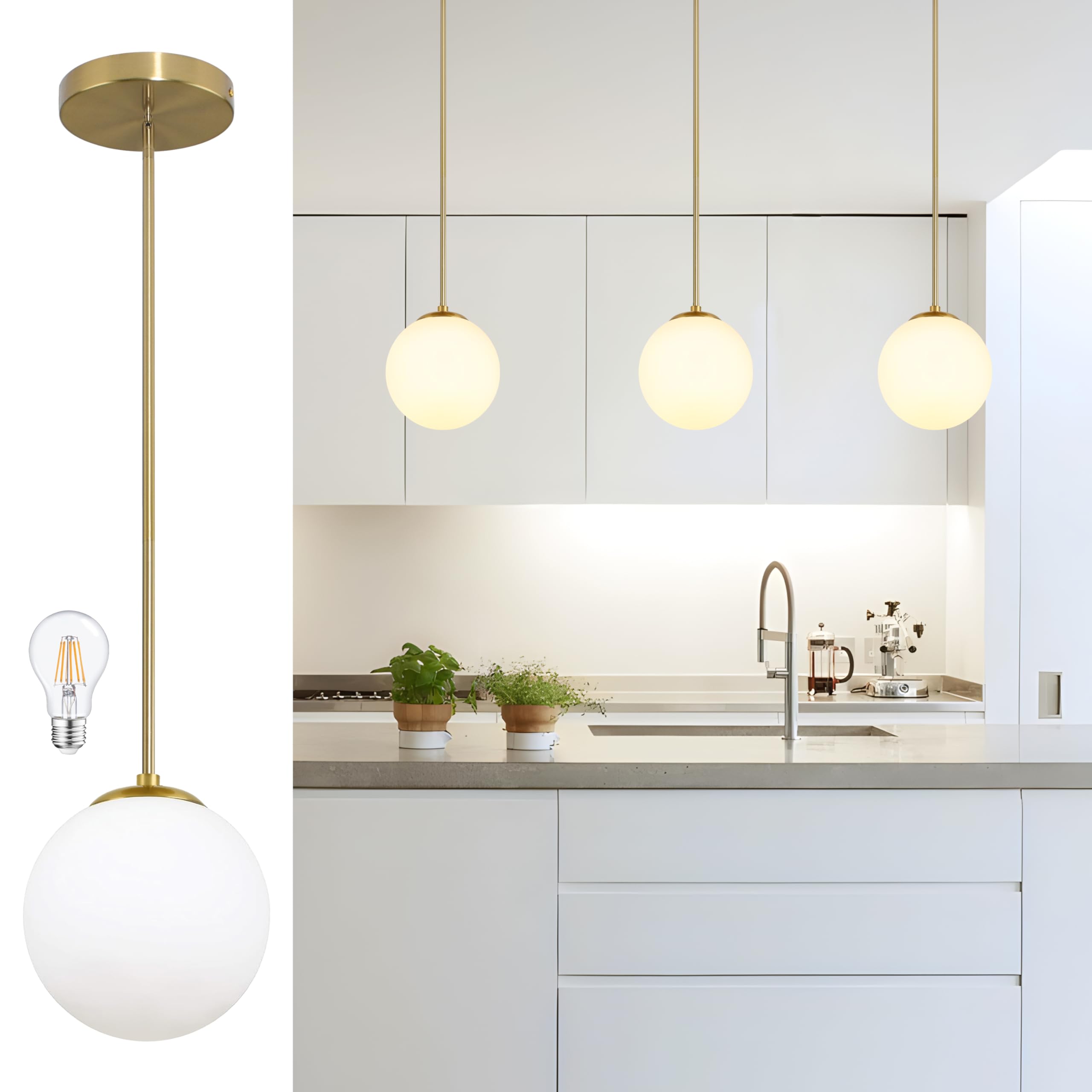 8" Globe Pendant Light Gold Mid Century Modern Light Fixture Globe Pendant Lights Kitchen Island Milk Glass Pendant Light Brushed Brass Finished with Milk Glass Lampshade for Dining Room