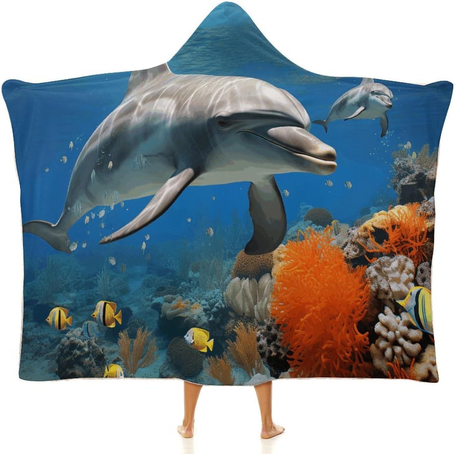 Dolphins Blue Wearable Hooded Blanket, Ultra Soft Arctic Velvet Cape Cloak Unisex - Cozy Wearable Blanket
