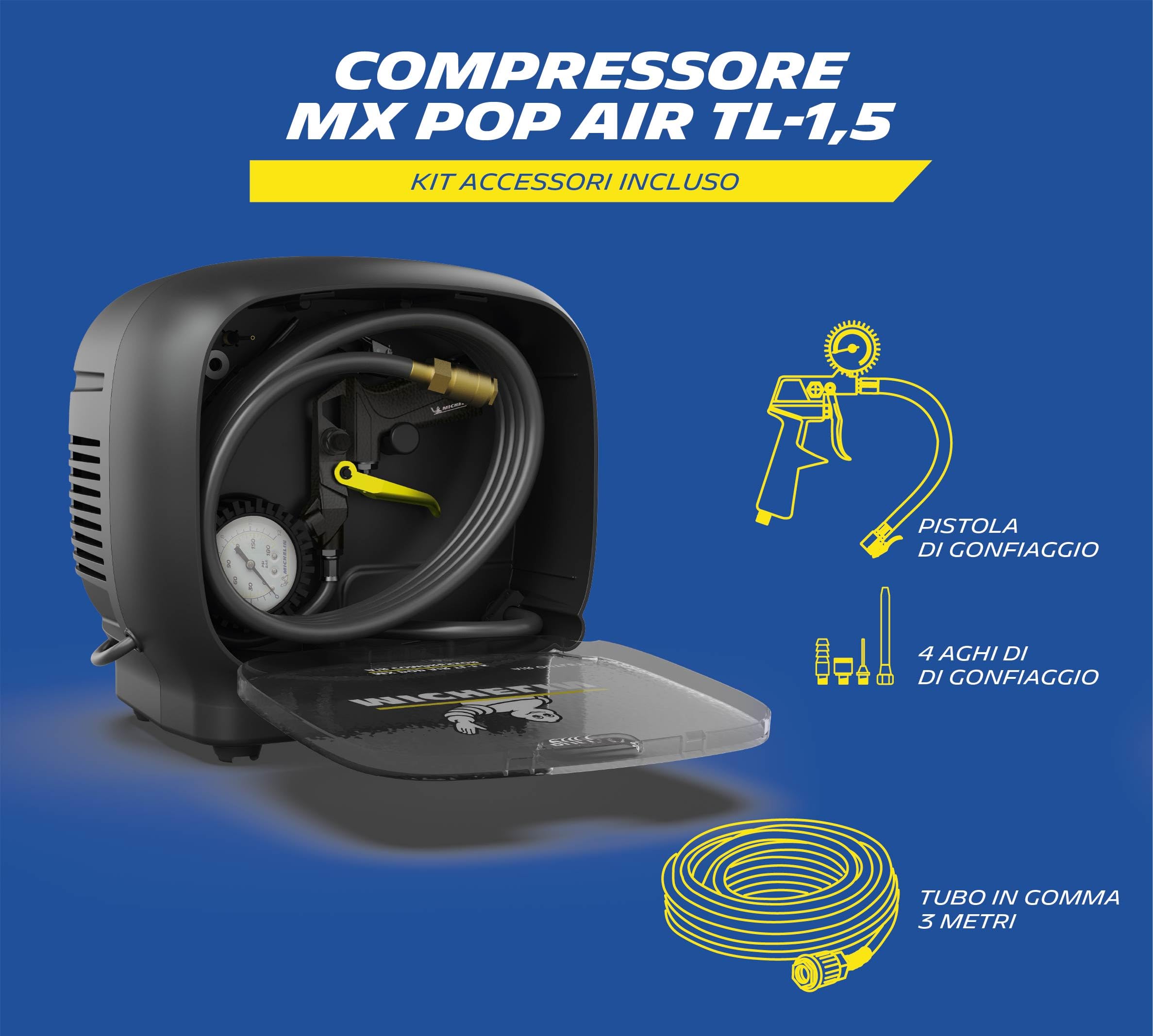 MICHELIN, Compressore Portatile SENZA SERBATOIO MX POP AIR TL-1,5, + Kit (Include Tubo in Gomma 3m, Pistola di Gonfiaggio, Ugello Lungo di Soffiaggio, 3 Ugelli di Gonfiaggio), Motore da 1,5 hp