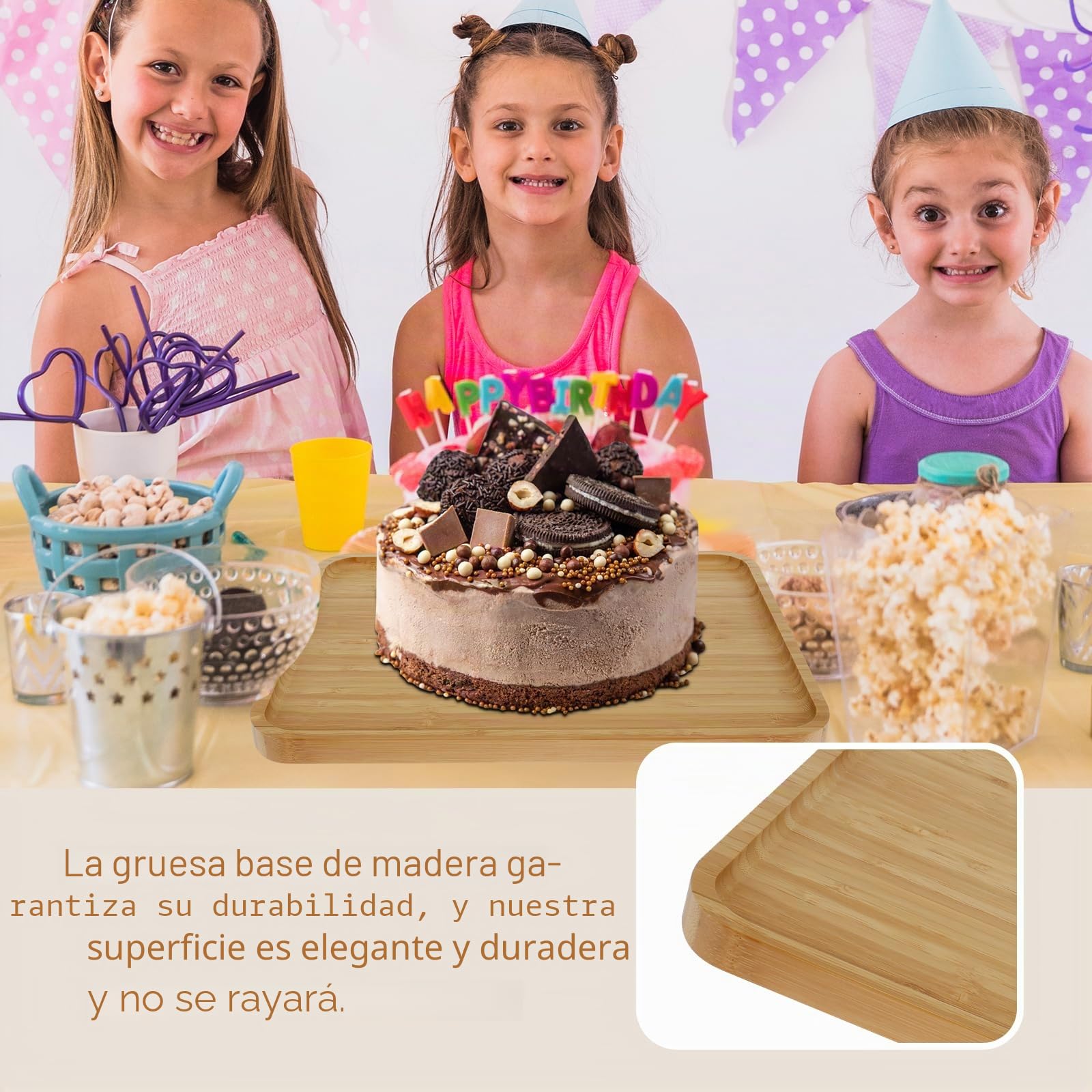 Soporte de bambú para tartas con tapa de cúpula de 36,5 x 27 x 15 cm, plato rectangular para cupcakes, bandeja de servidor, tabla de queso para cumpleaños, boda, fiesta, pan, postres