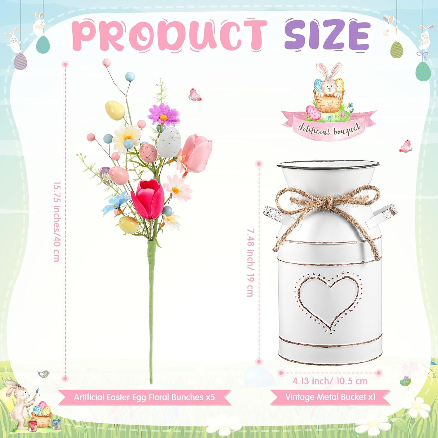 6 Pcs Easter Table Centerpieces Decoration Include 5 Easter Egg Artificial Floral Bunches Stem with Vintage Metal Bucket Potted Egg Flower Pick Arrangement Easter Party Office Home(Bright)