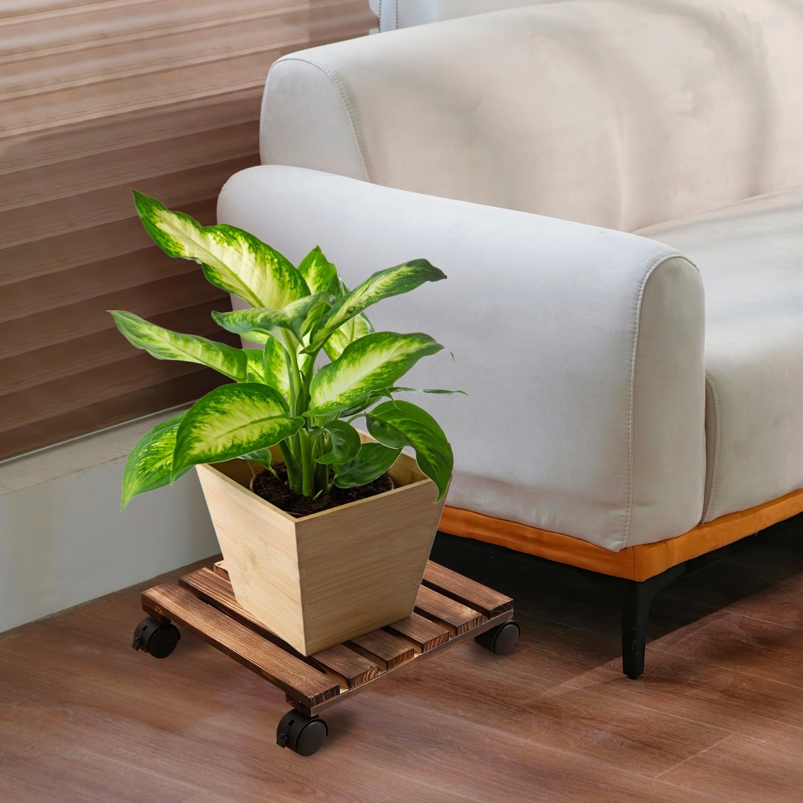 Lot de 2 chariots à plantes à roulettes, support carré en bois avec 4 roulettes pivotantes, socle mobile pour grands pots et bacs à fleurs, déplacement facile, maison et bureau, 11,8 x 11,8 x 2,8